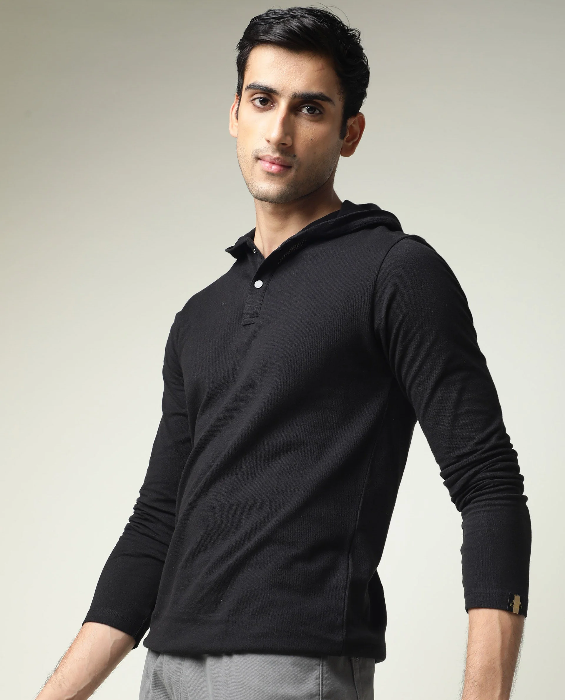 Rare Rabbit Men's Hood Black Cotton Slim Fit Full Sleeve Polo - Image 9