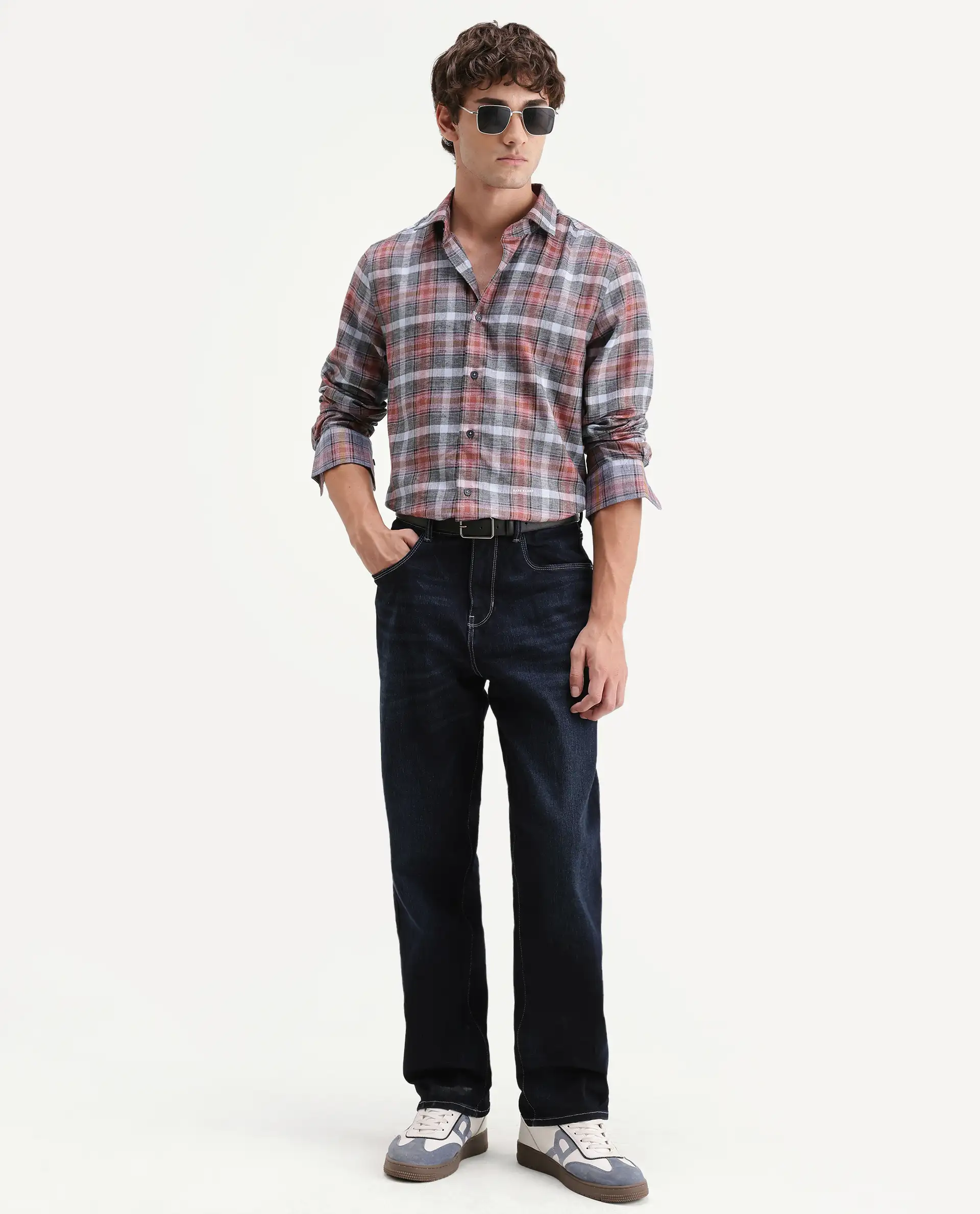 Rare Rabbit Men's Hood Red Cotton Blend Fabric Full Sleeve Collared Regular Fit Checked Shirt - Image 2