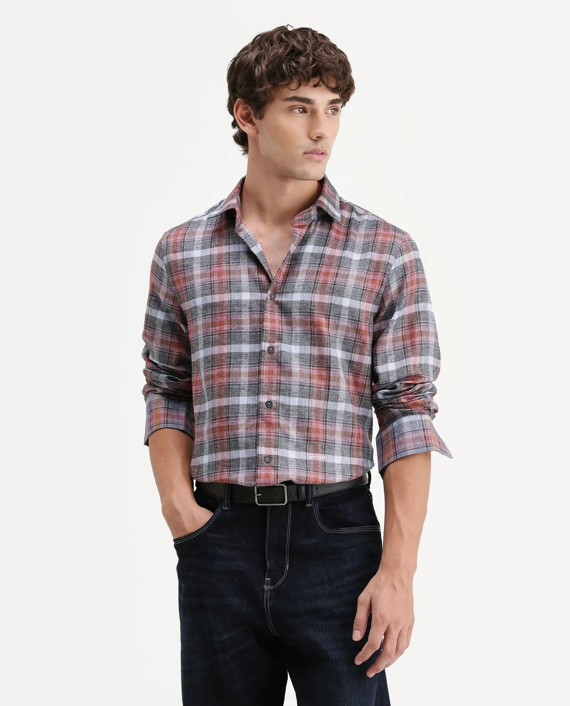 Rare Rabbit Men's Hood Red Cotton Blend Fabric Full Sleeve Collared Regular Fit Checked Shirt - Image 4