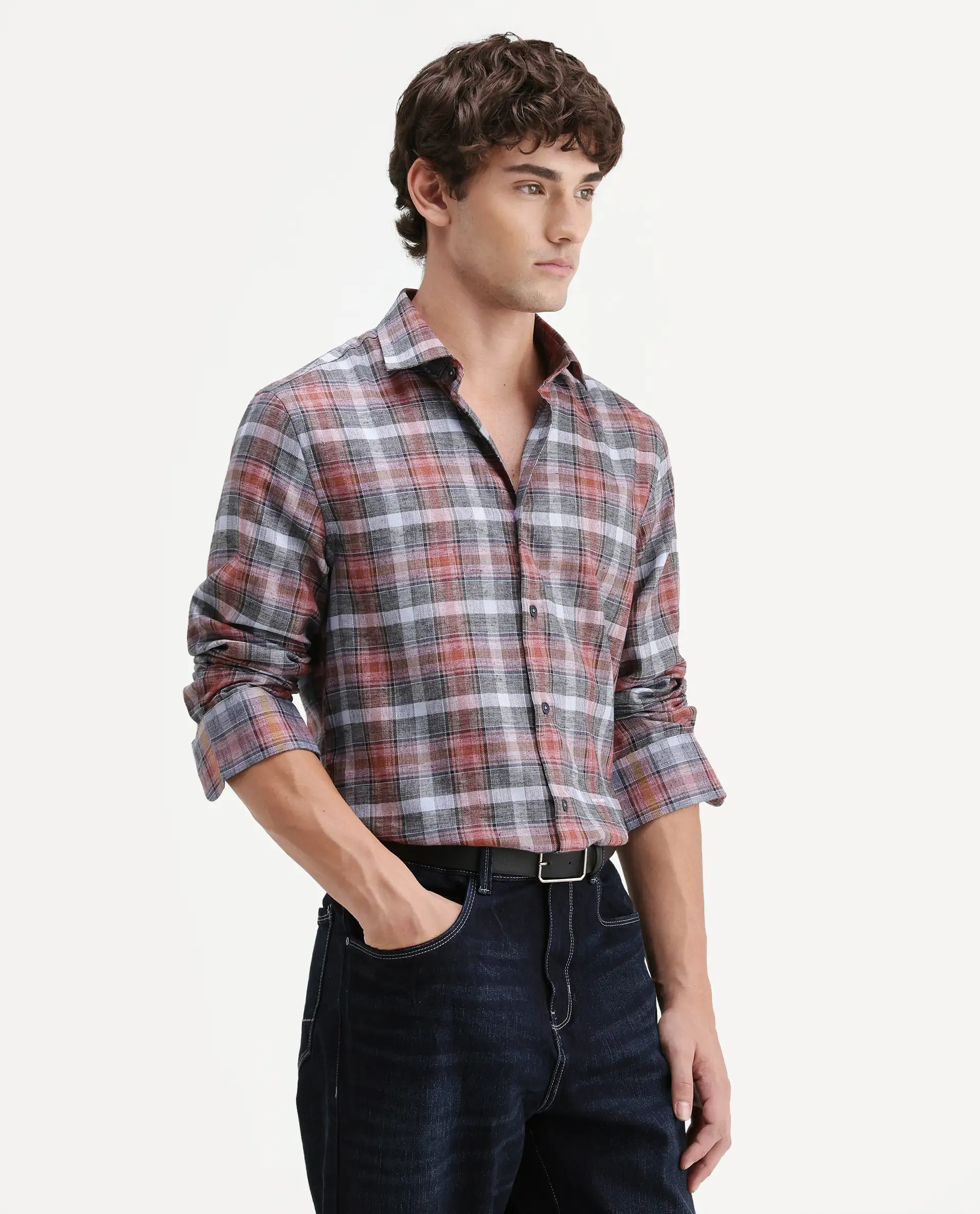 Rare Rabbit Men's Hood Red Cotton Blend Fabric Full Sleeve Collared Regular Fit Checked Shirt - Image 5