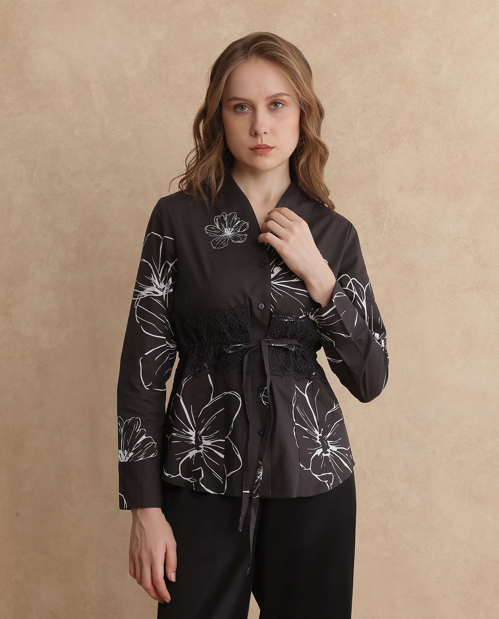 Rareism Women's Hoose Brown Cotton V-Neck Floral Print Cuffed Sleeve Regular Fit Top - Image 2