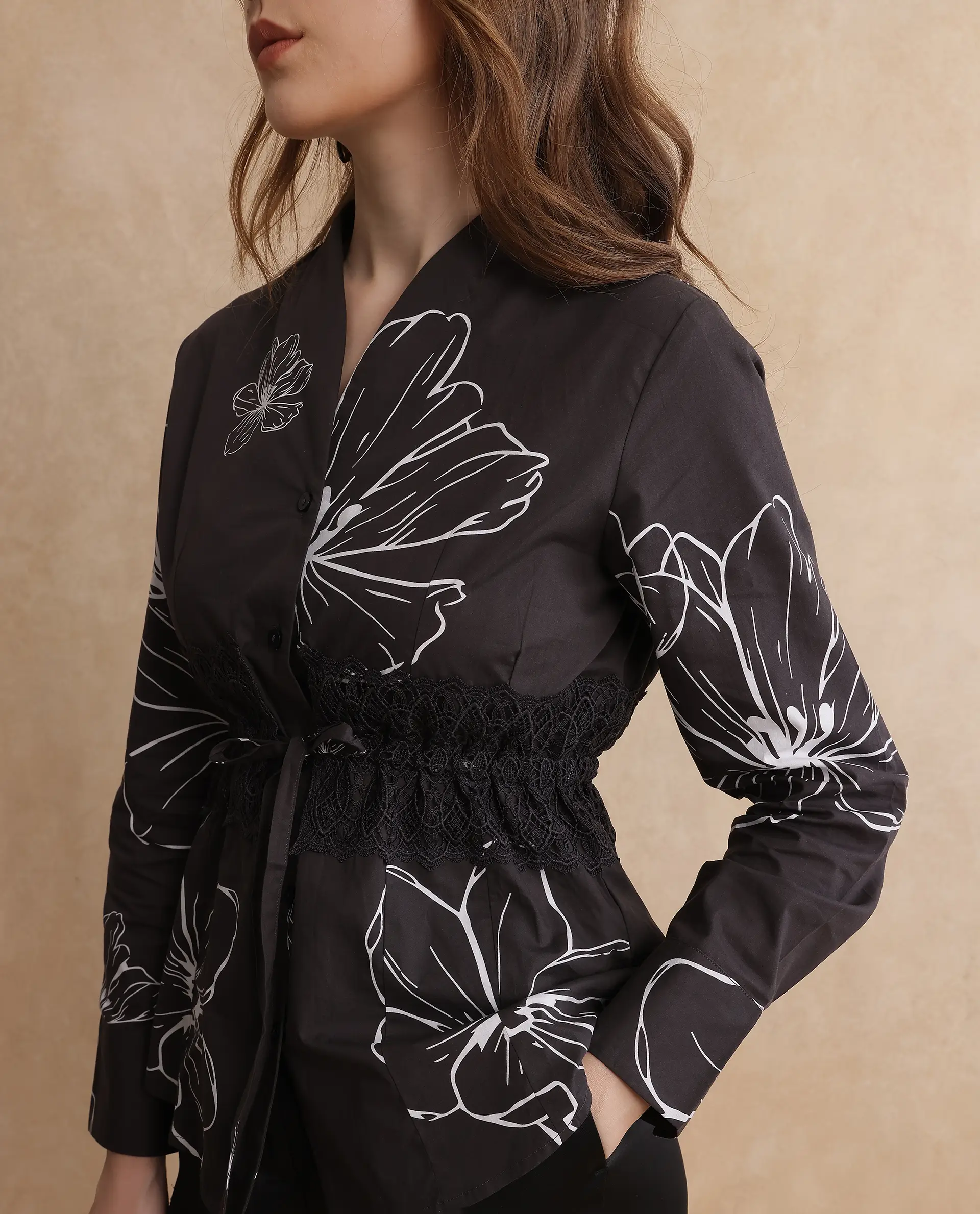 Rareism Women's Hoose Brown Cotton V-Neck Floral Print Cuffed Sleeve Regular Fit Top - Image 3