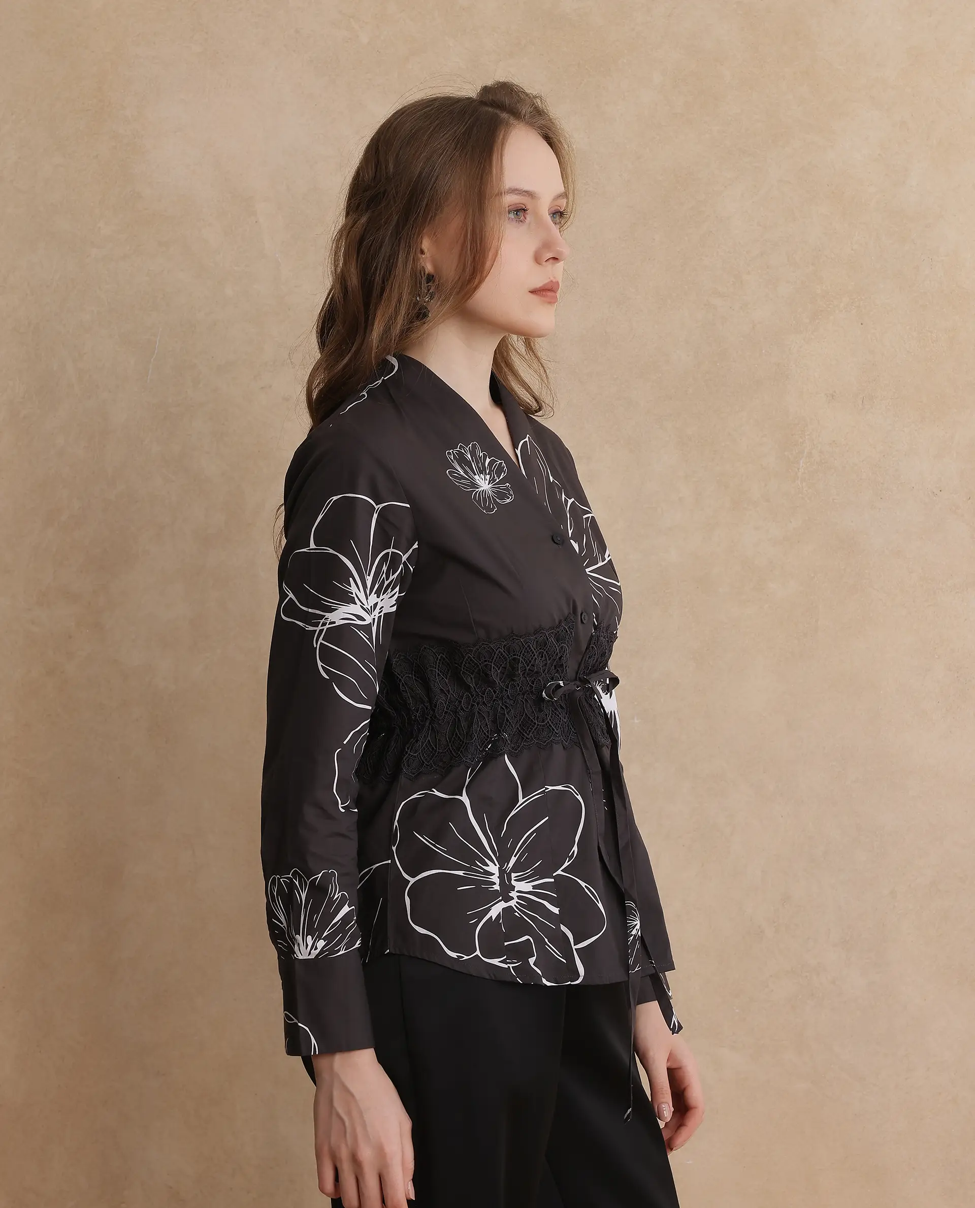 Rareism Women's Hoose Brown Cotton V-Neck Floral Print Cuffed Sleeve Regular Fit Top - Image 5