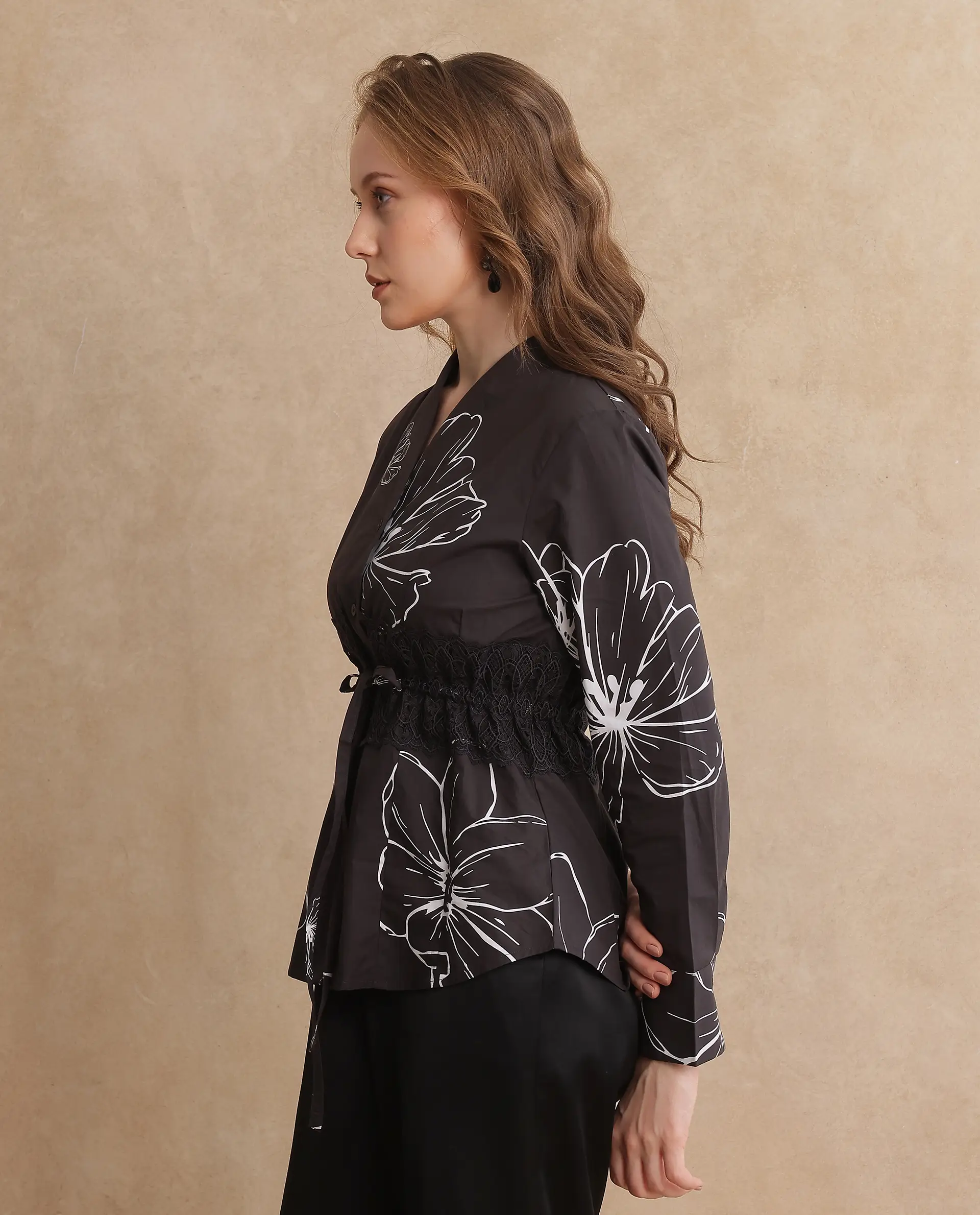 Rareism Women's Hoose Brown Cotton V-Neck Floral Print Cuffed Sleeve Regular Fit Top - Image 6