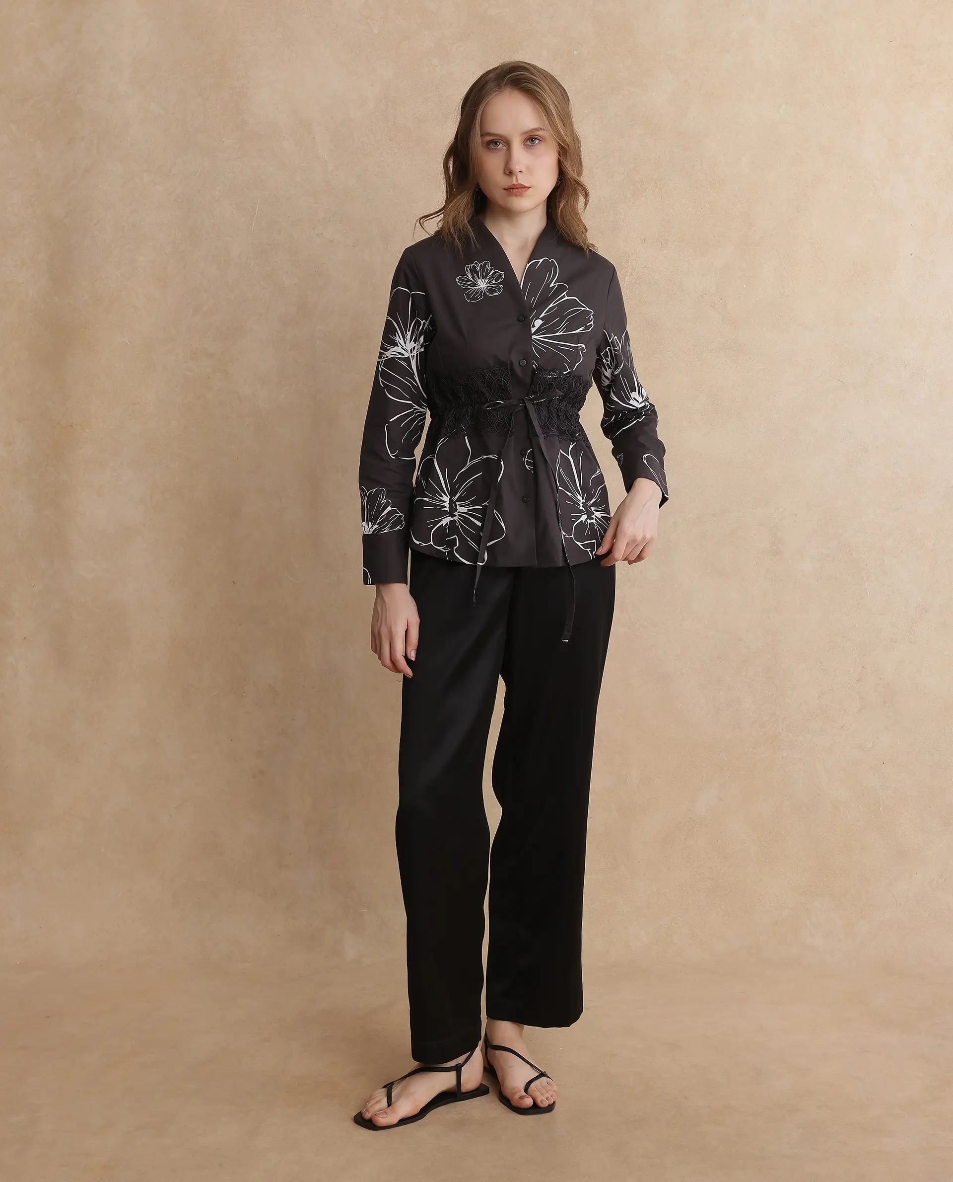 Rareism Women's Hoose Brown Cotton V-Neck Floral Print Cuffed Sleeve Regular Fit Top - Image 9