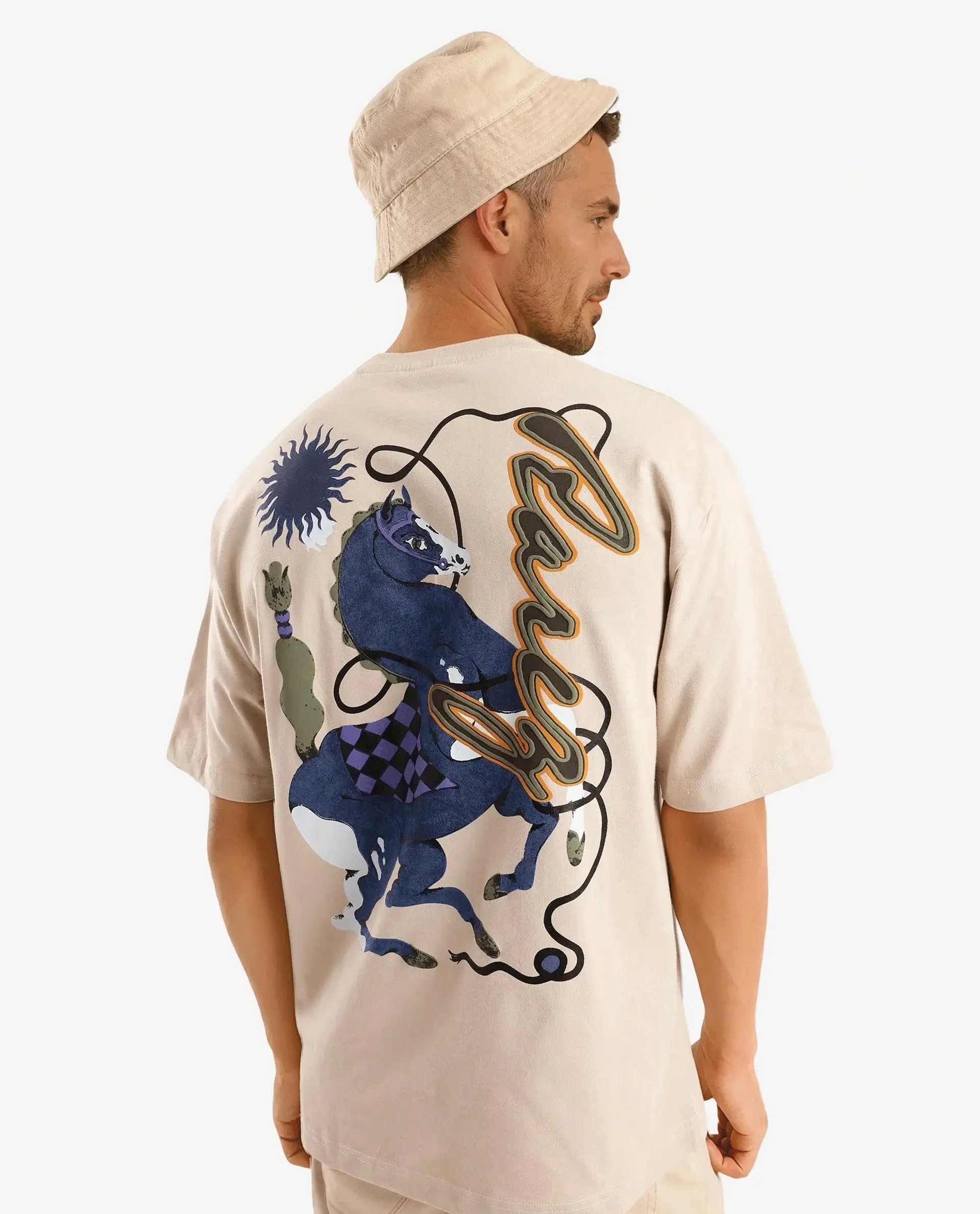 Rare Rabbit Men's Hord Beige Cotton Graphic Print Oversized Fit Half Sleeve Crew Neck T-Shirt