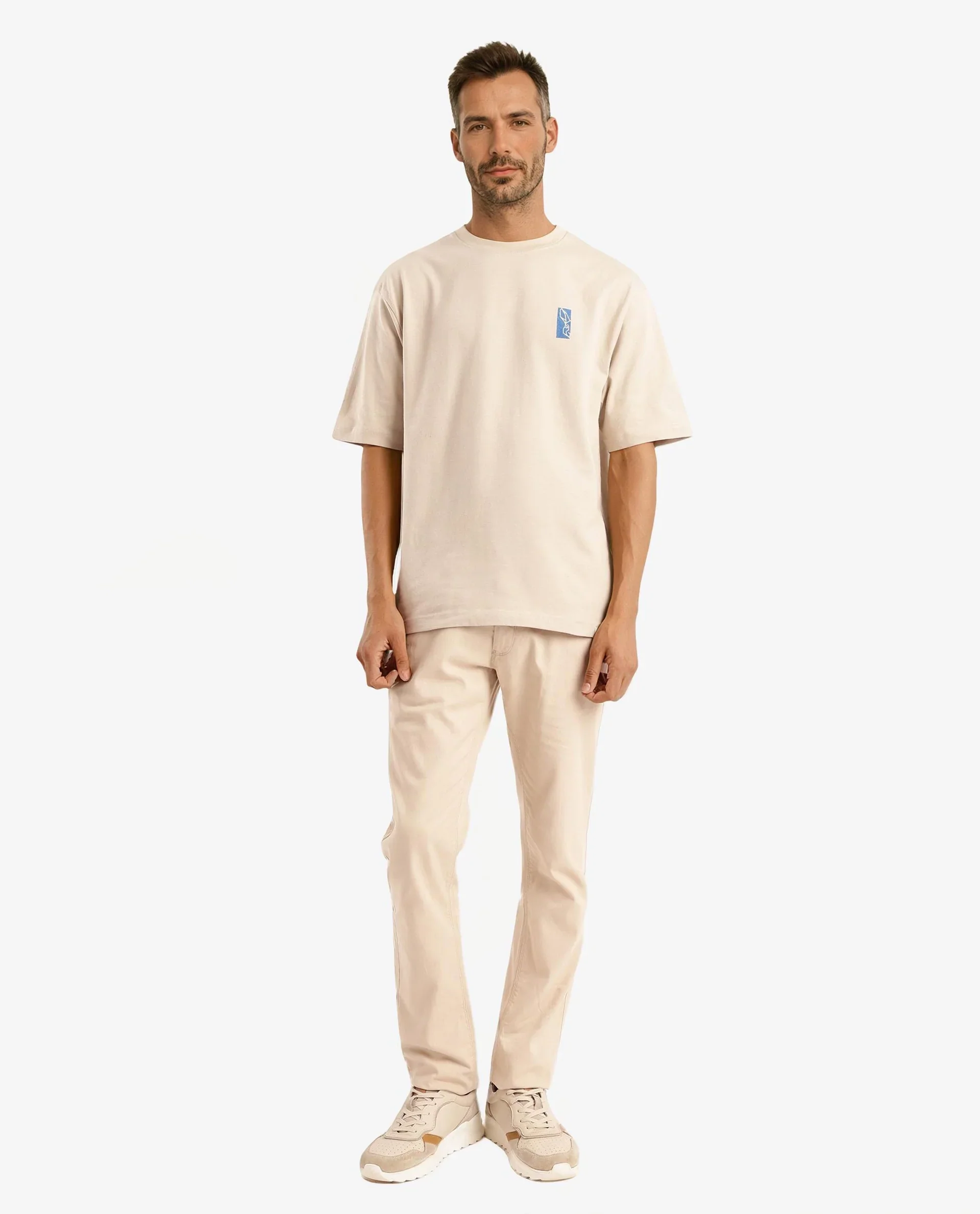 Rare Rabbit Men's Hord Beige Cotton Graphic Print Oversized Fit Half Sleeve Crew Neck T-Shirt - Image 2