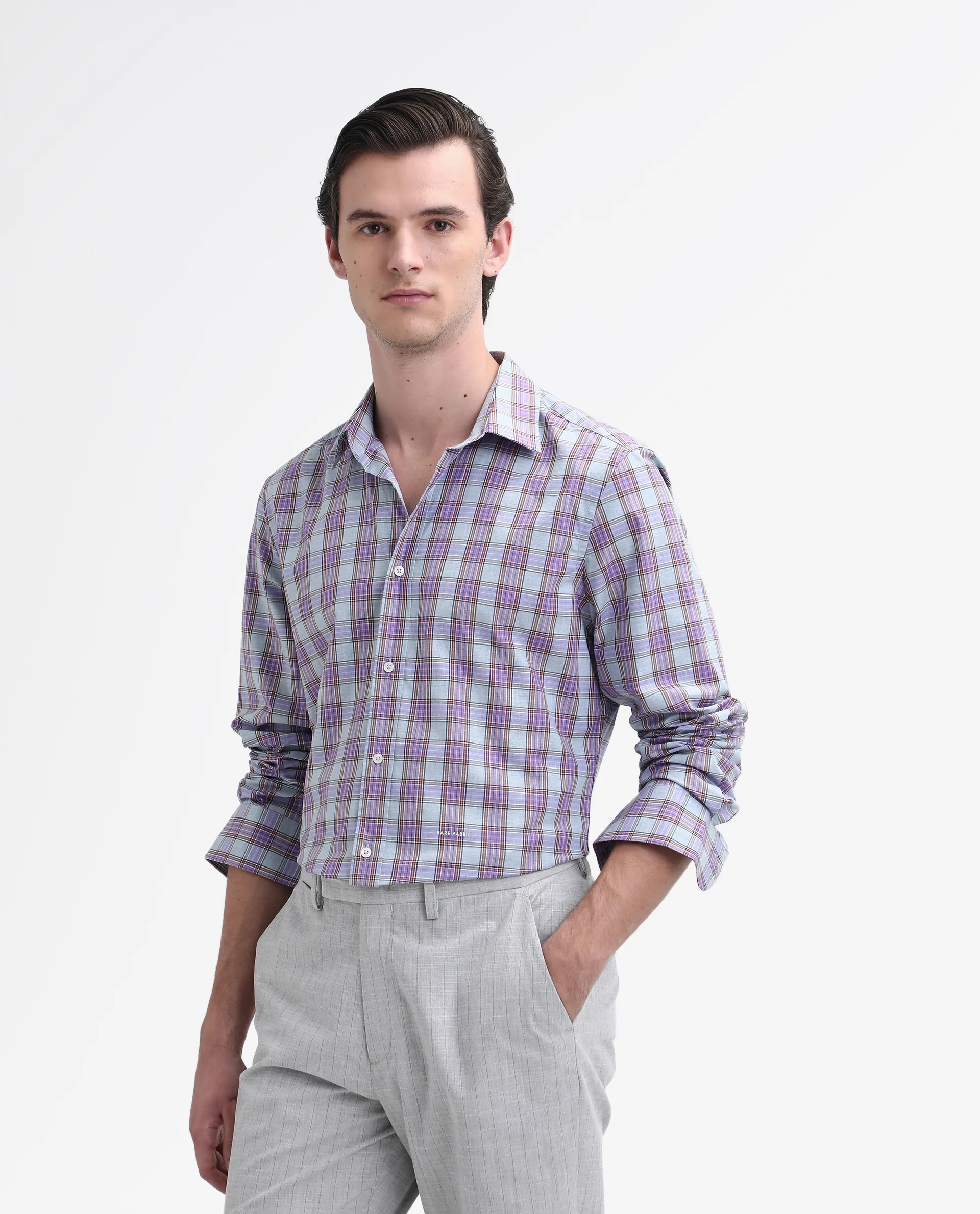 Rare Rabbit Men's Horf-25 Pastel Purple Cotton Checked Print Regular Fit Full Sleeve Collared Shirt - Image 3