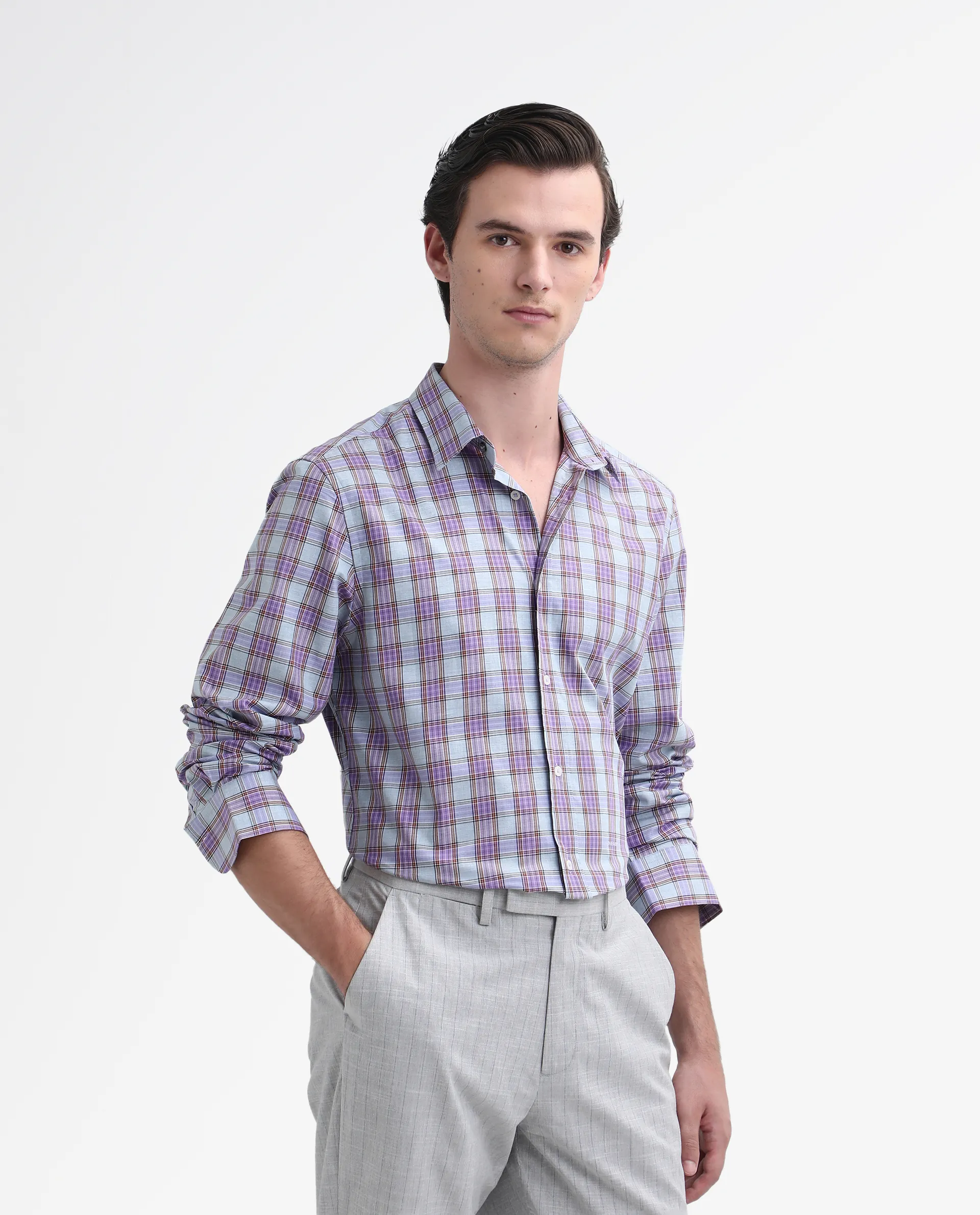 Rare Rabbit Men's Horf-25 Pastel Purple Cotton Checked Print Regular Fit Full Sleeve Collared Shirt - Image 4
