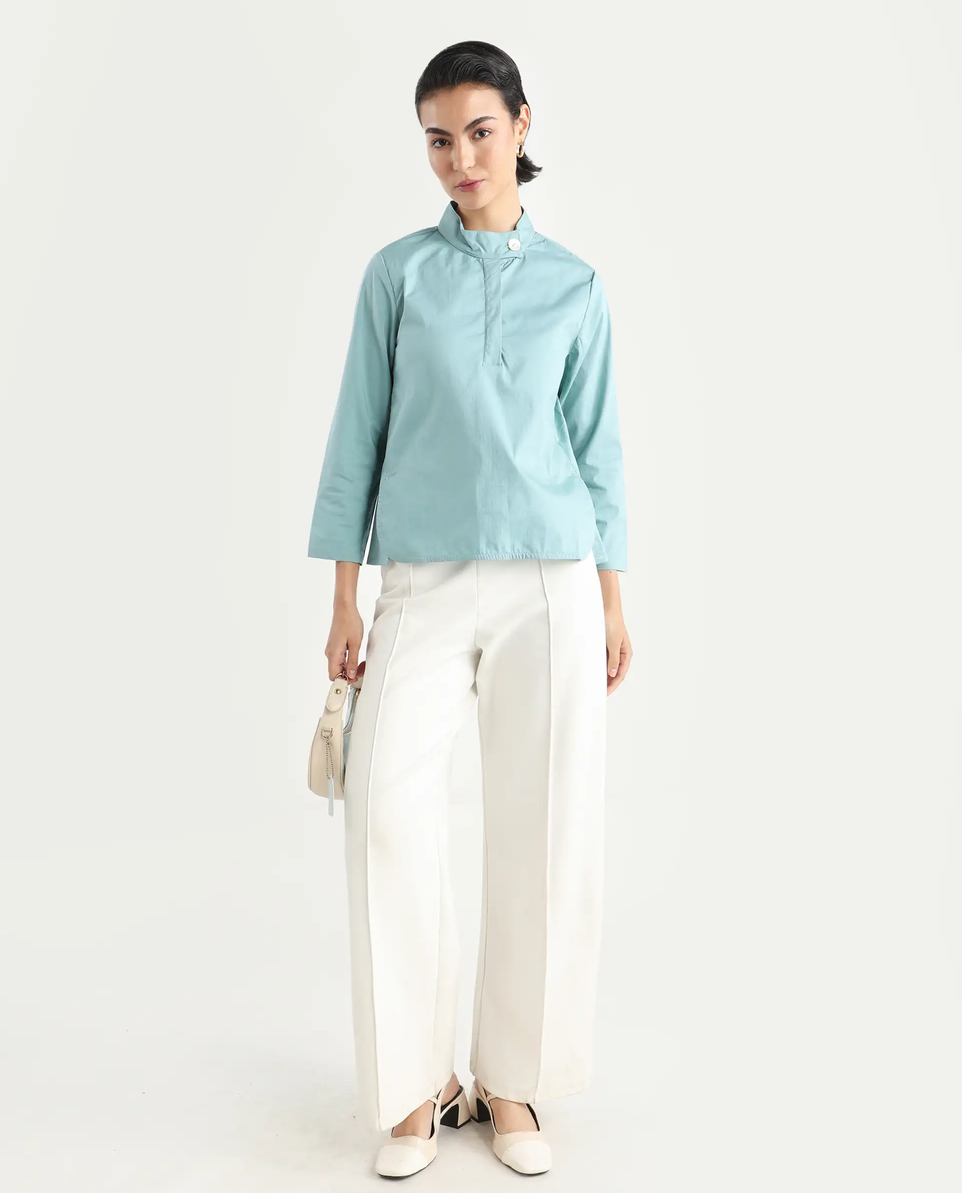 Rareism Women's Horhay Green Cotton Blend Mandarin Collar Plain Relaxed Fit Top - Image 2