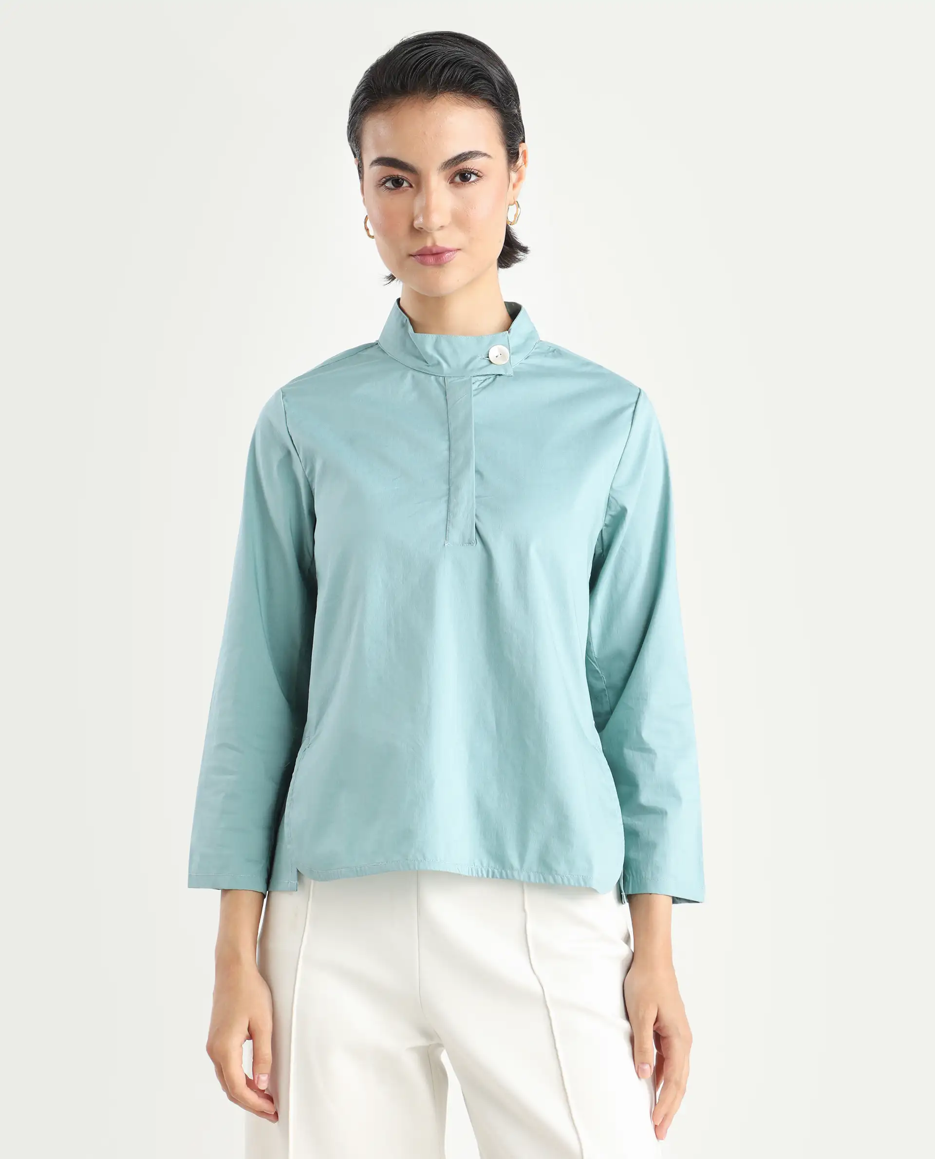 Rareism Women's Horhay Green Cotton Blend Mandarin Collar Plain Relaxed Fit Top - Image 3