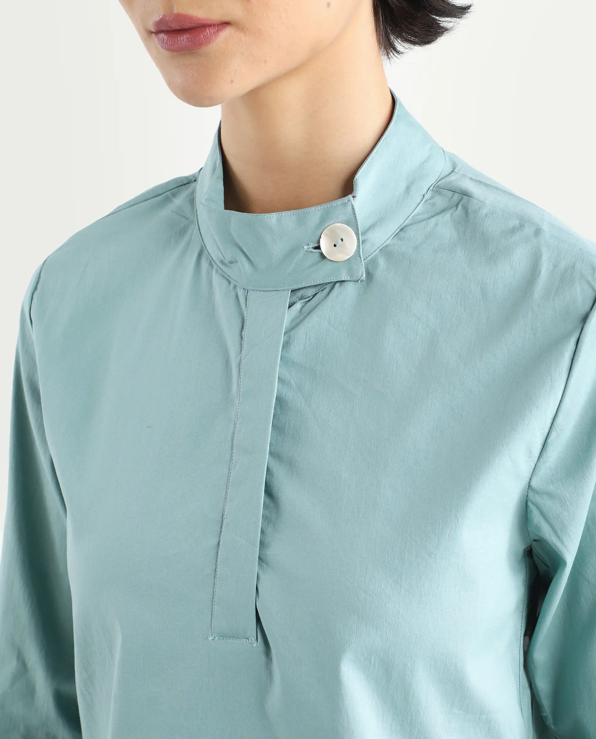 Rareism Women's Horhay Green Cotton Blend Mandarin Collar Plain Relaxed Fit Top - Image 4