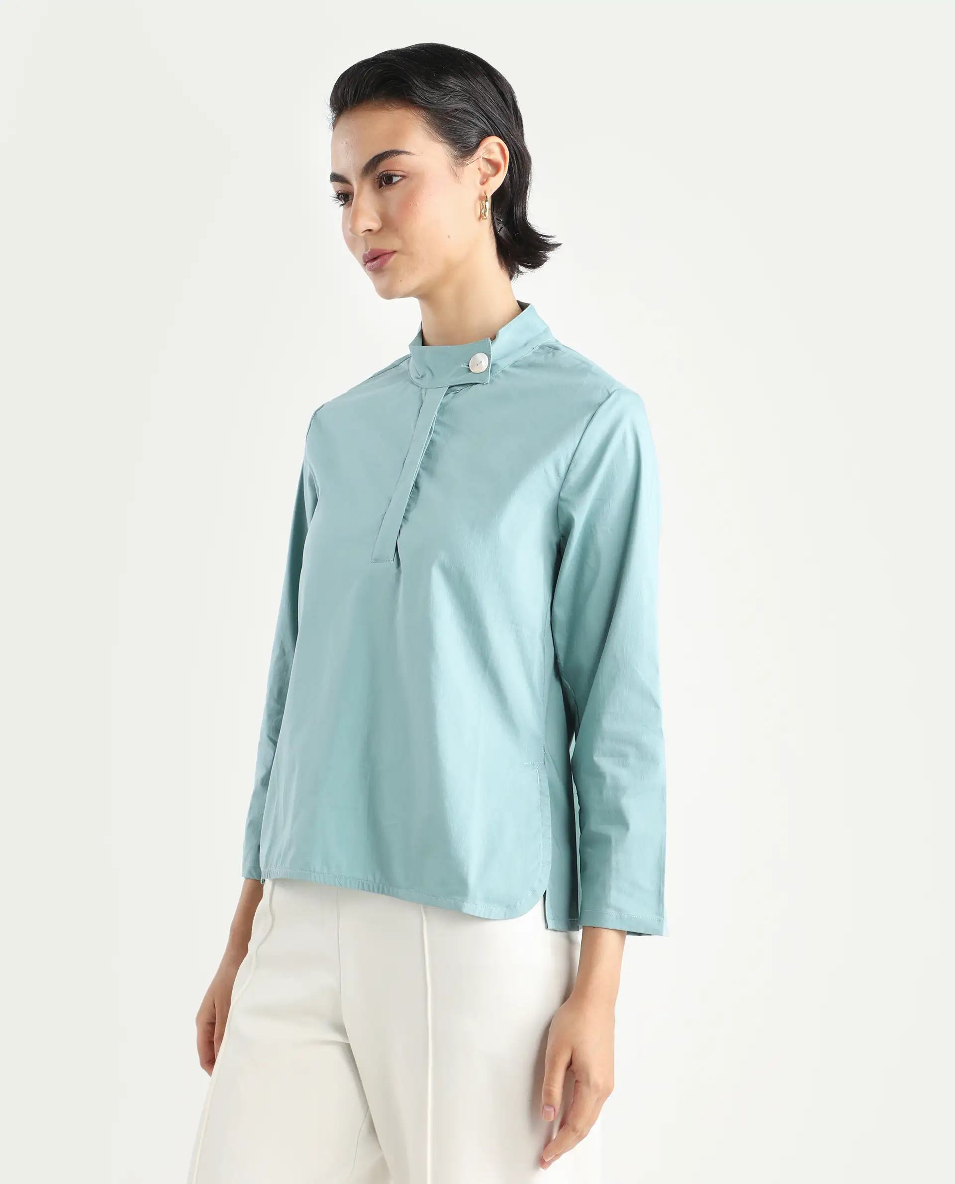 Rareism Women's Horhay Green Cotton Blend Mandarin Collar Plain Relaxed Fit Top - Image 5