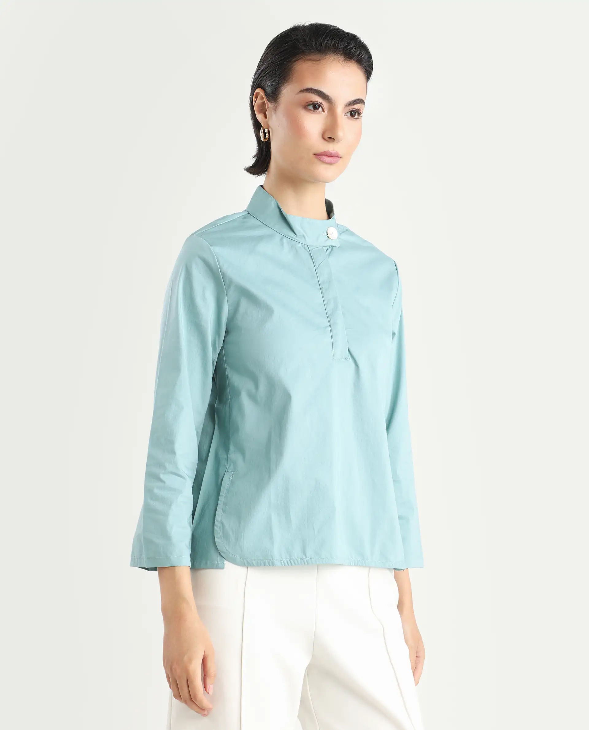 Rareism Women's Horhay Green Cotton Blend Mandarin Collar Plain Relaxed Fit Top - Image 6