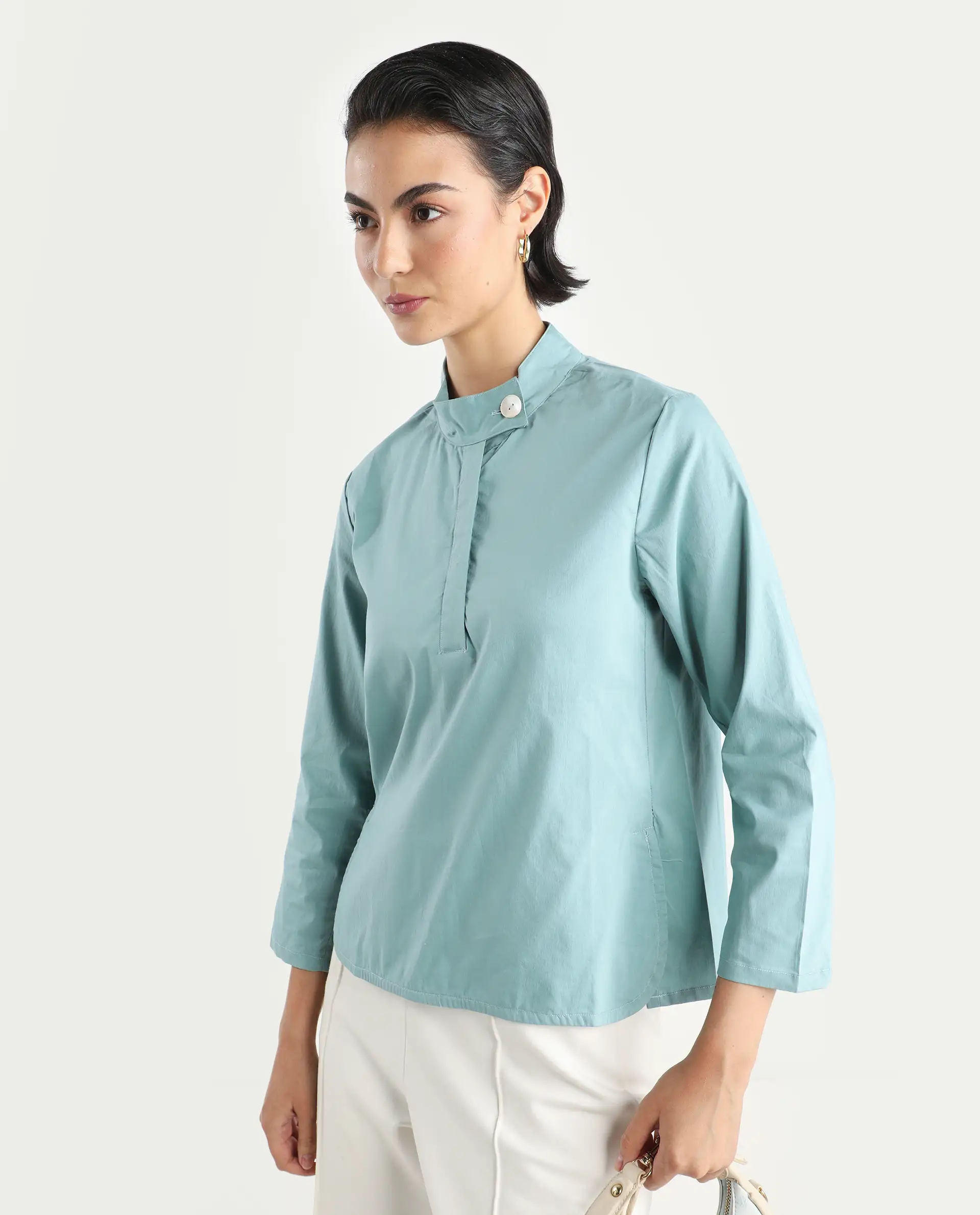 Rareism Women's Horhay Green Cotton Blend Mandarin Collar Plain Relaxed Fit Top - Image 7