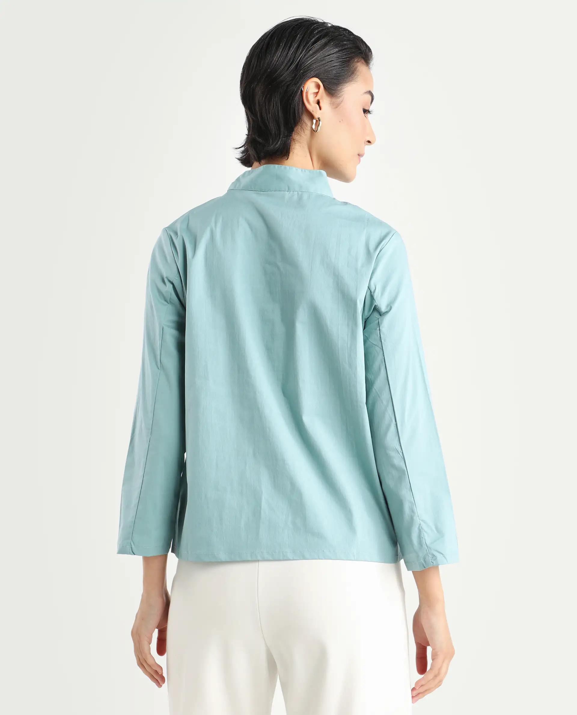 Rareism Women's Horhay Green Cotton Blend Mandarin Collar Plain Relaxed Fit Top - Image 8
