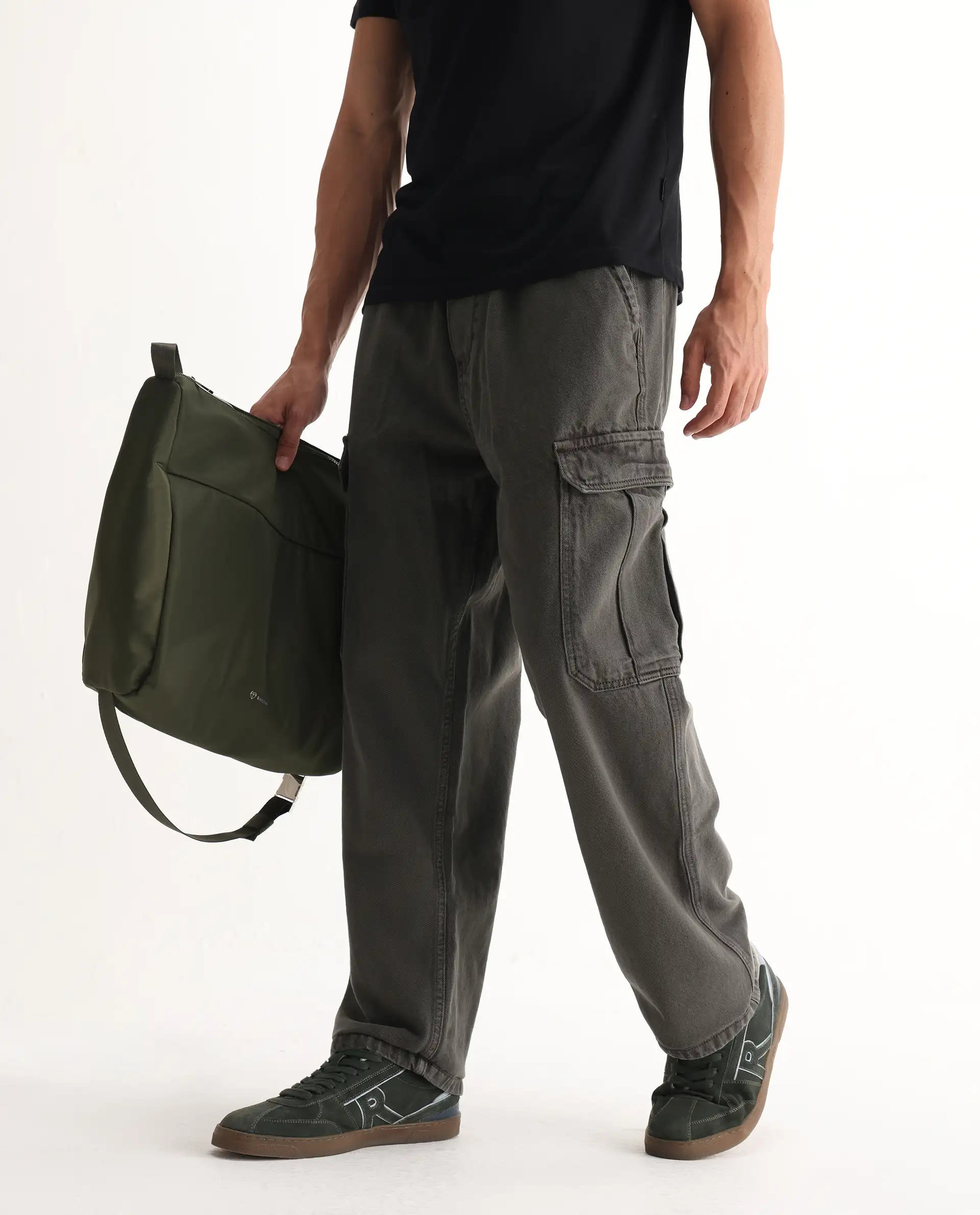 Rare Rabbit Men's Hork Dark Green Cotton Plain Baggy Fit Jeans - Image 2