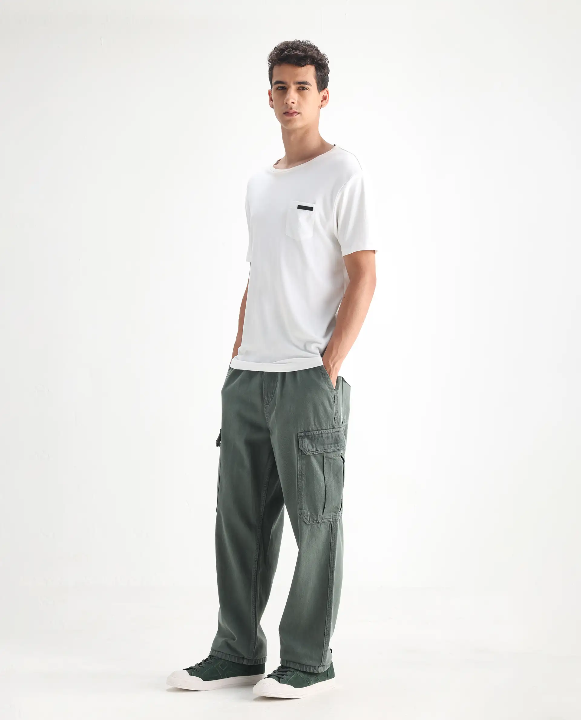 Rare Rabbit Men's Hork Green Cotton Plain Baggy Fit Jeans - Image 3