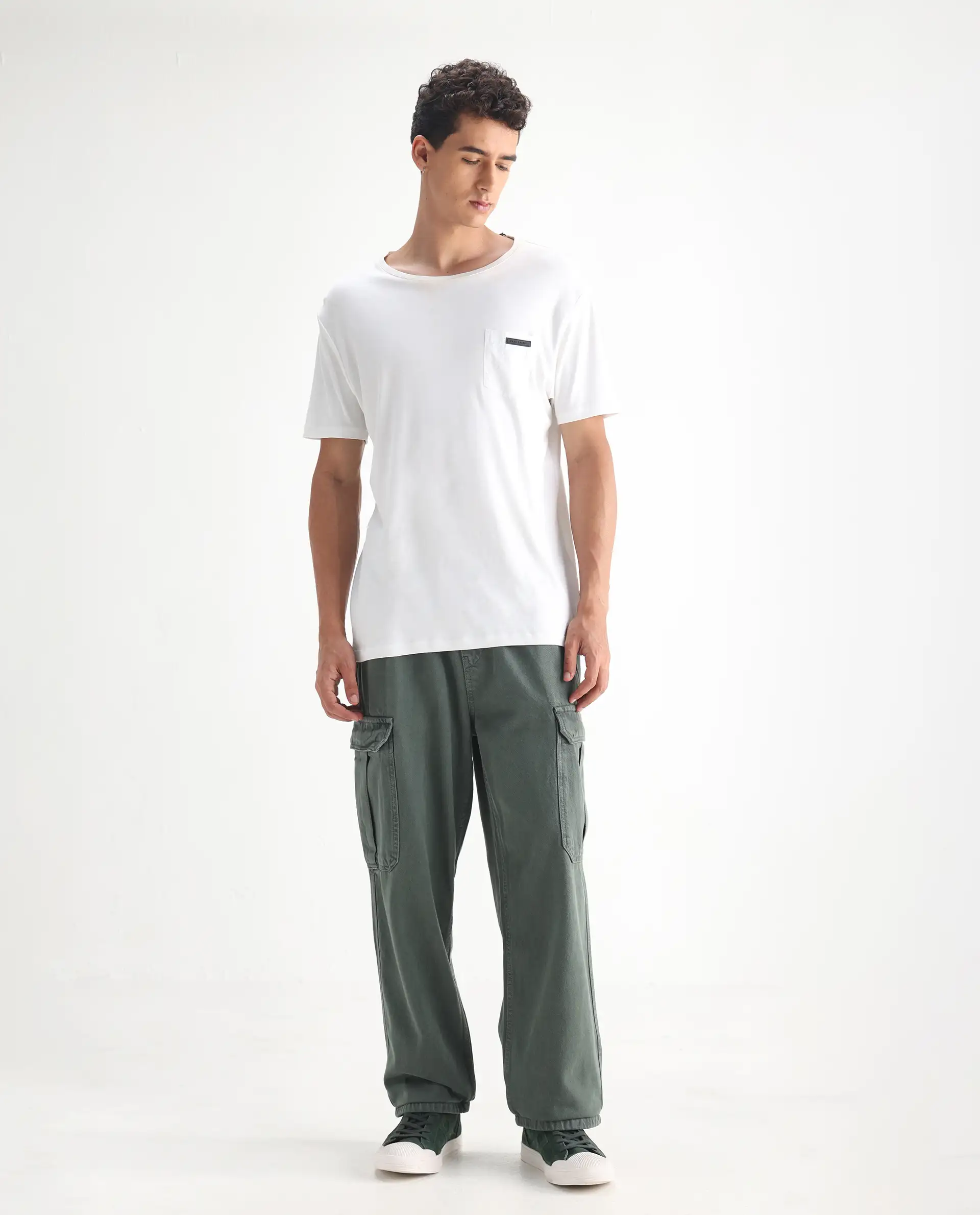 Rare Rabbit Men's Hork Green Cotton Plain Baggy Fit Jeans - Image 6