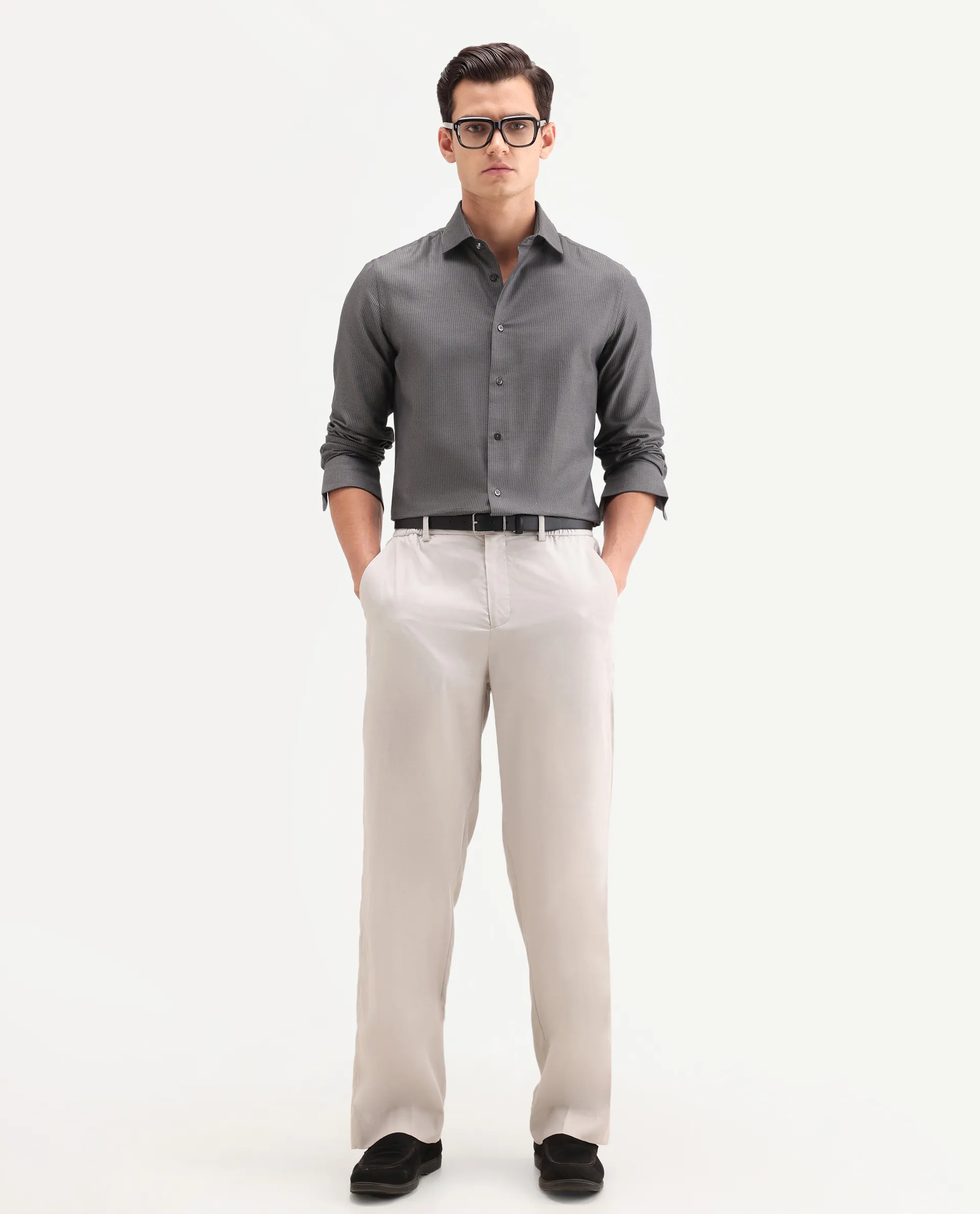 Rare Rabbit Men's Horm Dark Grey Cotton Fabric Full Sleeve Spread Collar Button Regular Plain Shirt - Image 2