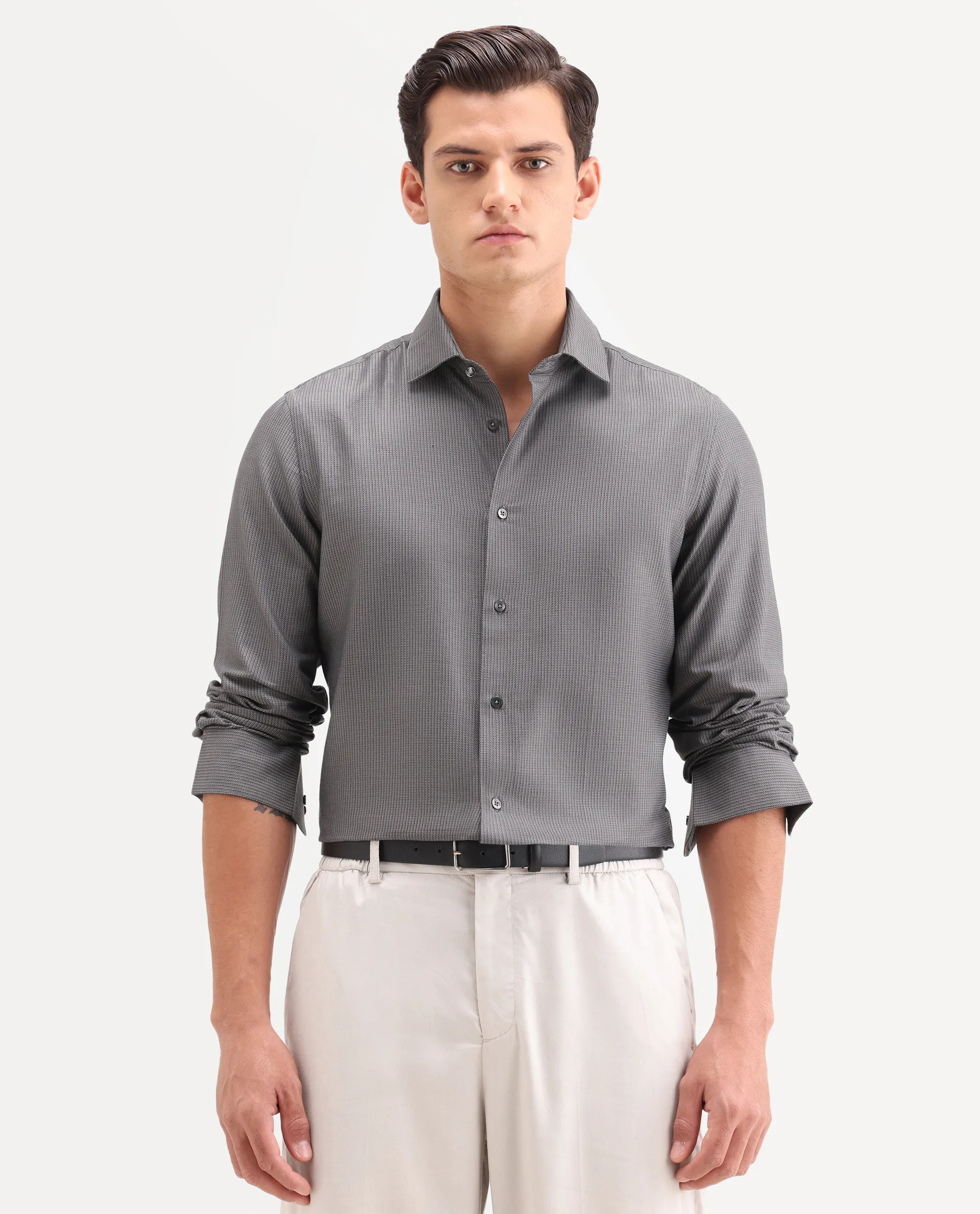 Rare Rabbit Men's Horm Dark Grey Cotton Fabric Full Sleeve Spread Collar Button Regular Plain Shirt - Image 4