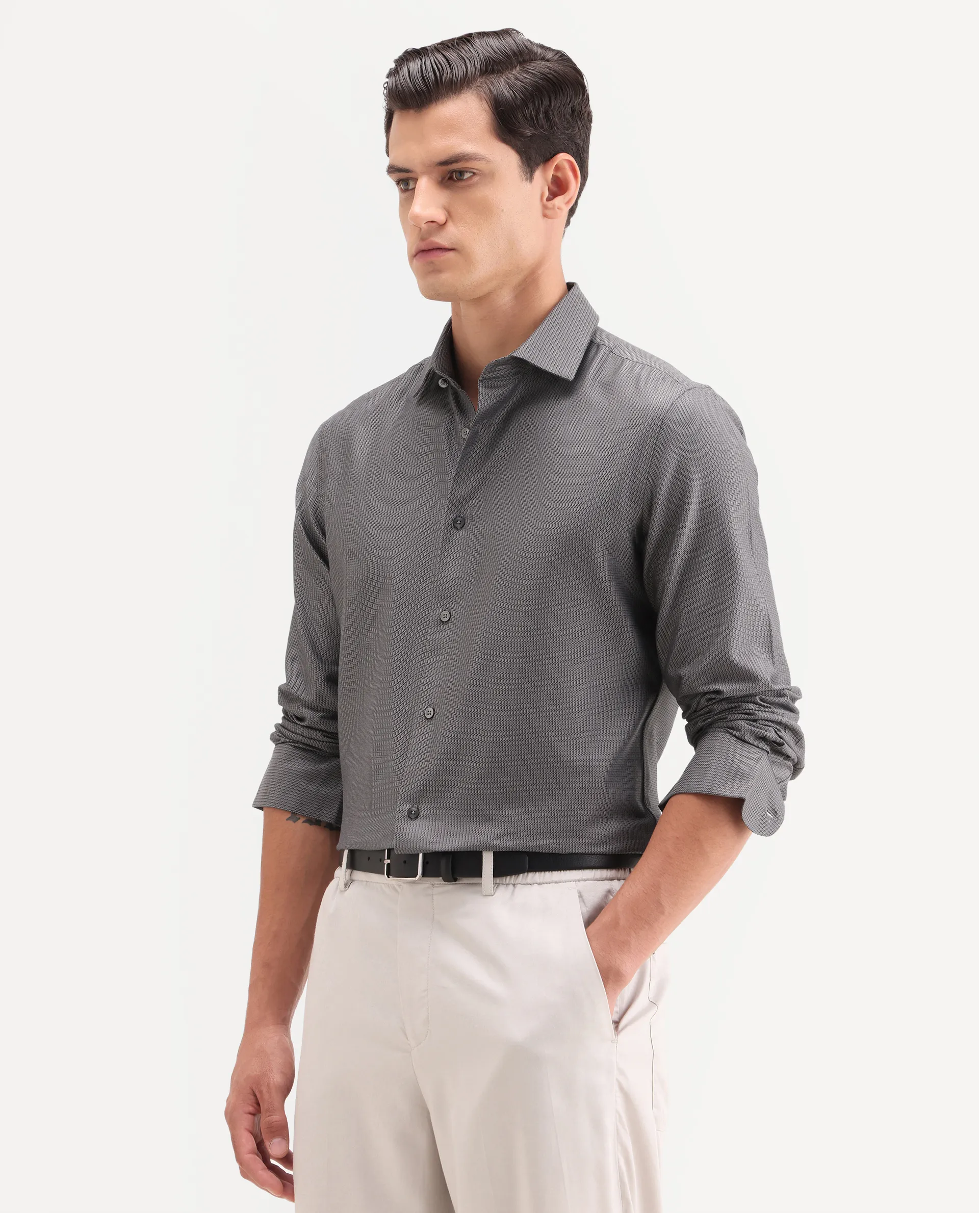 Rare Rabbit Men's Horm Dark Grey Cotton Fabric Full Sleeve Spread Collar Button Regular Plain Shirt - Image 5