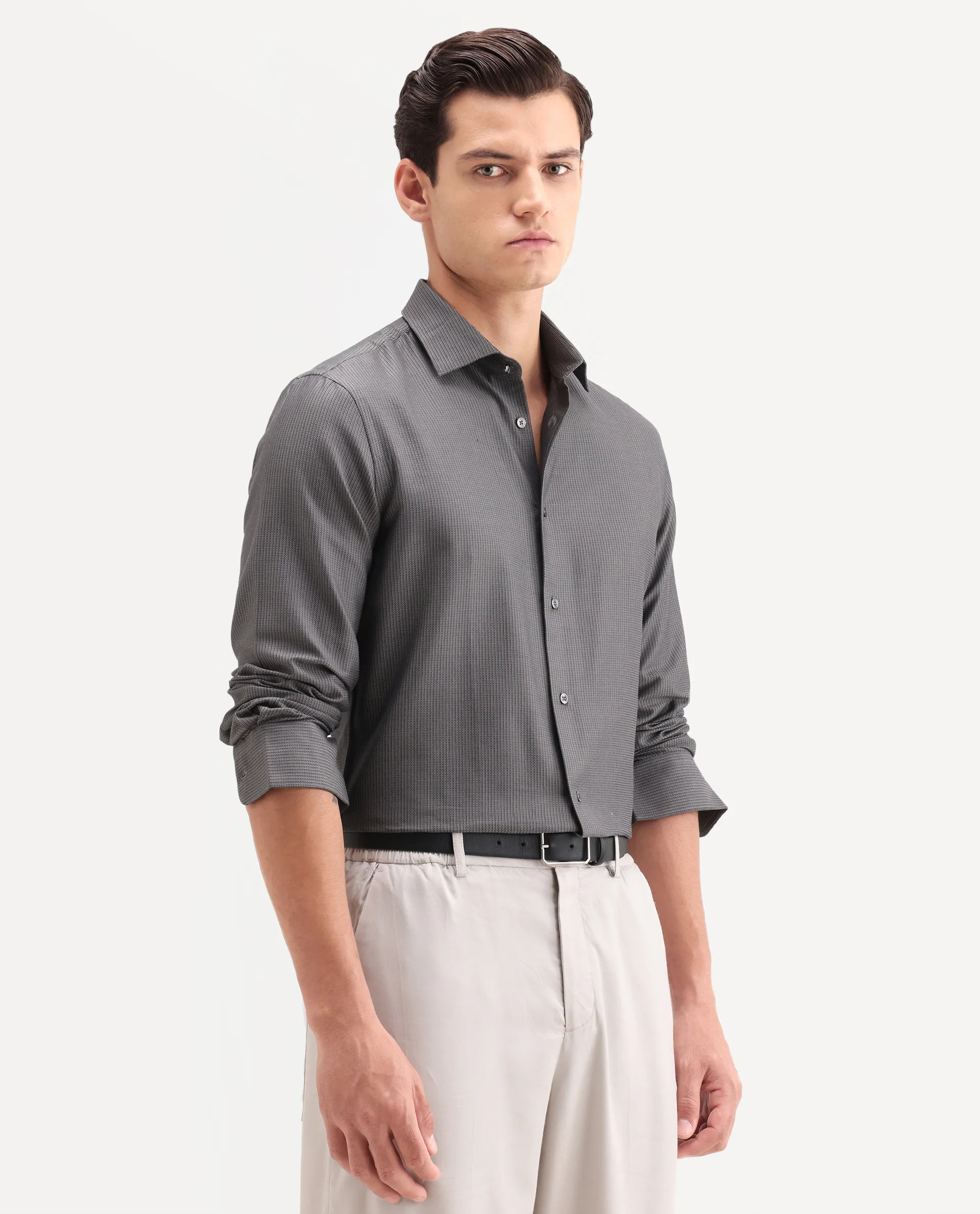 Rare Rabbit Men's Horm Dark Grey Cotton Fabric Full Sleeve Spread Collar Button Regular Plain Shirt - Image 6