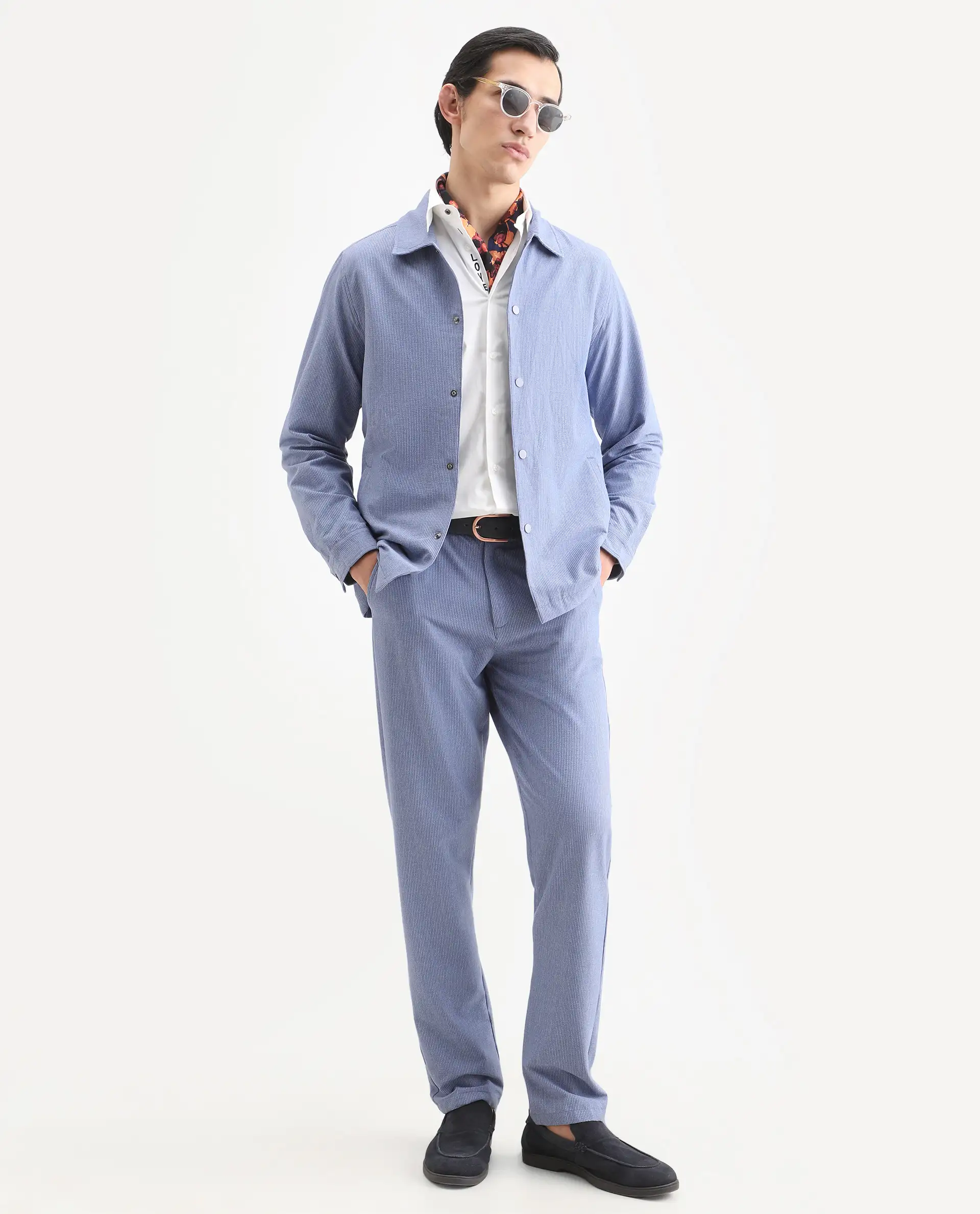 Rare Rabbit Men's Horns Blue Polyester Blend Striped Print Relaxed Fit Full Sleeve Collared Shacket - Image 2