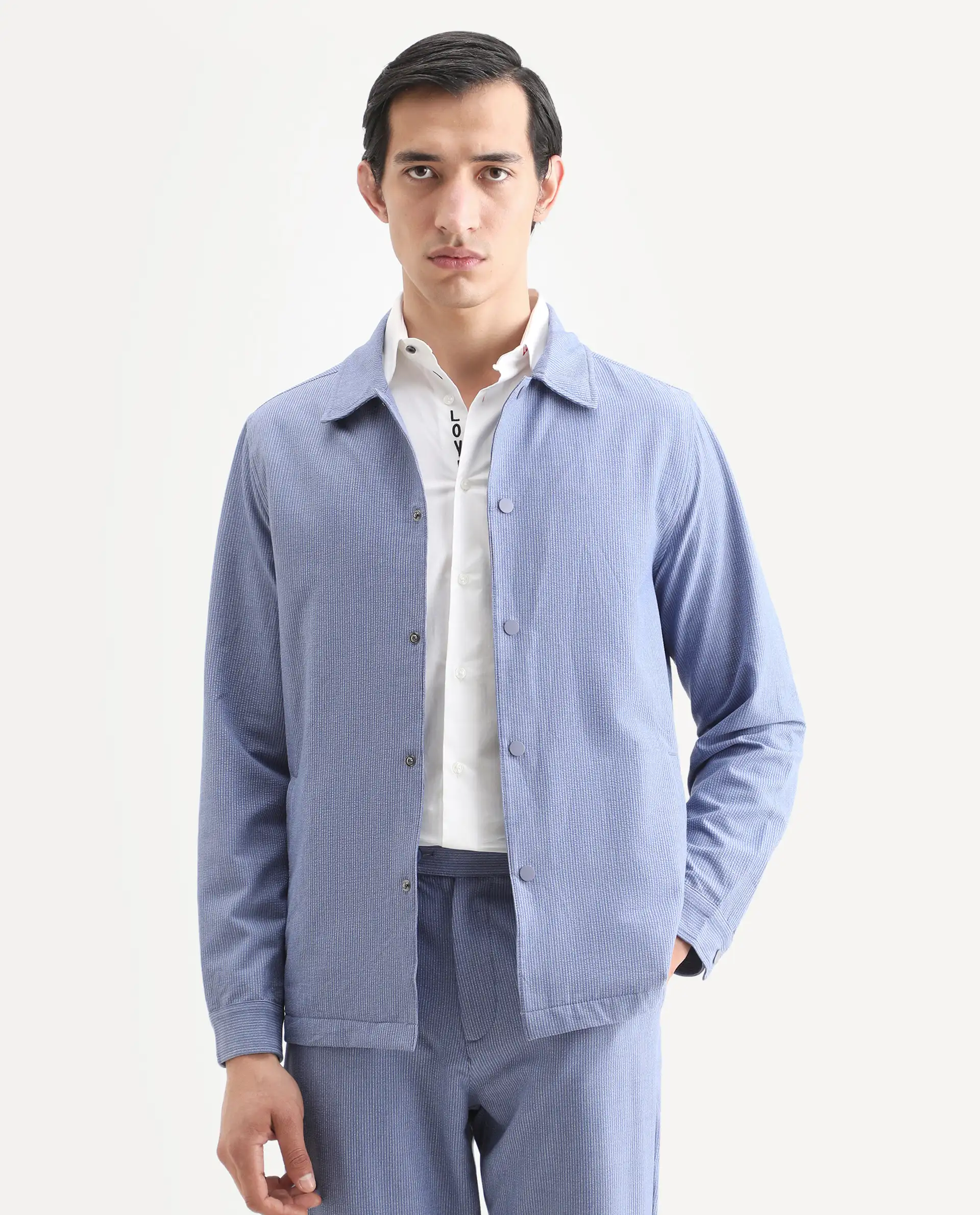 Rare Rabbit Men's Horns Blue Polyester Blend Striped Print Relaxed Fit Full Sleeve Collared Shacket - Image 3
