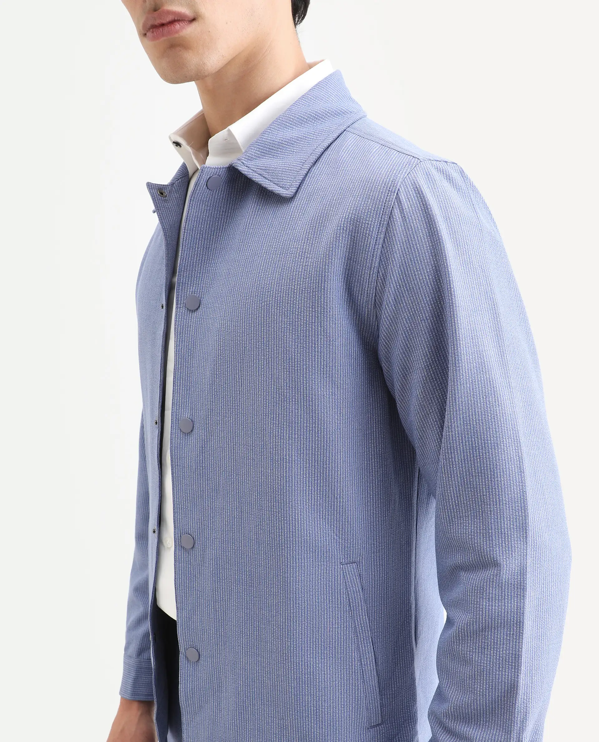 Rare Rabbit Men's Horns Blue Polyester Blend Striped Print Relaxed Fit Full Sleeve Collared Shacket - Image 4