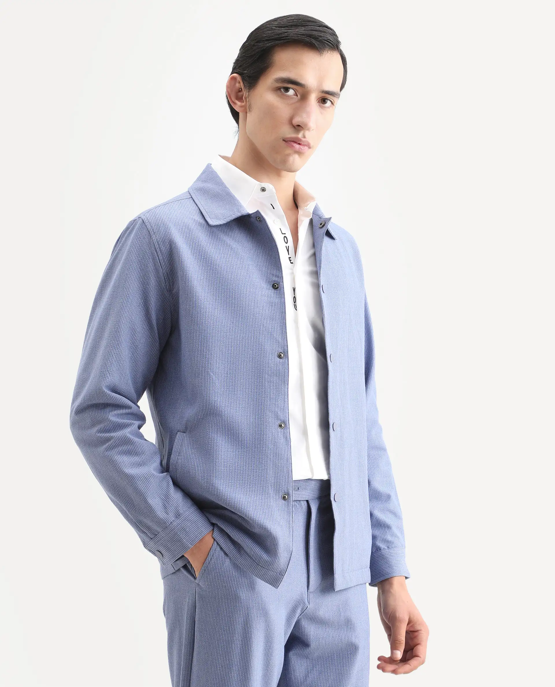 Rare Rabbit Men's Horns Blue Polyester Blend Striped Print Relaxed Fit Full Sleeve Collared Shacket - Image 7