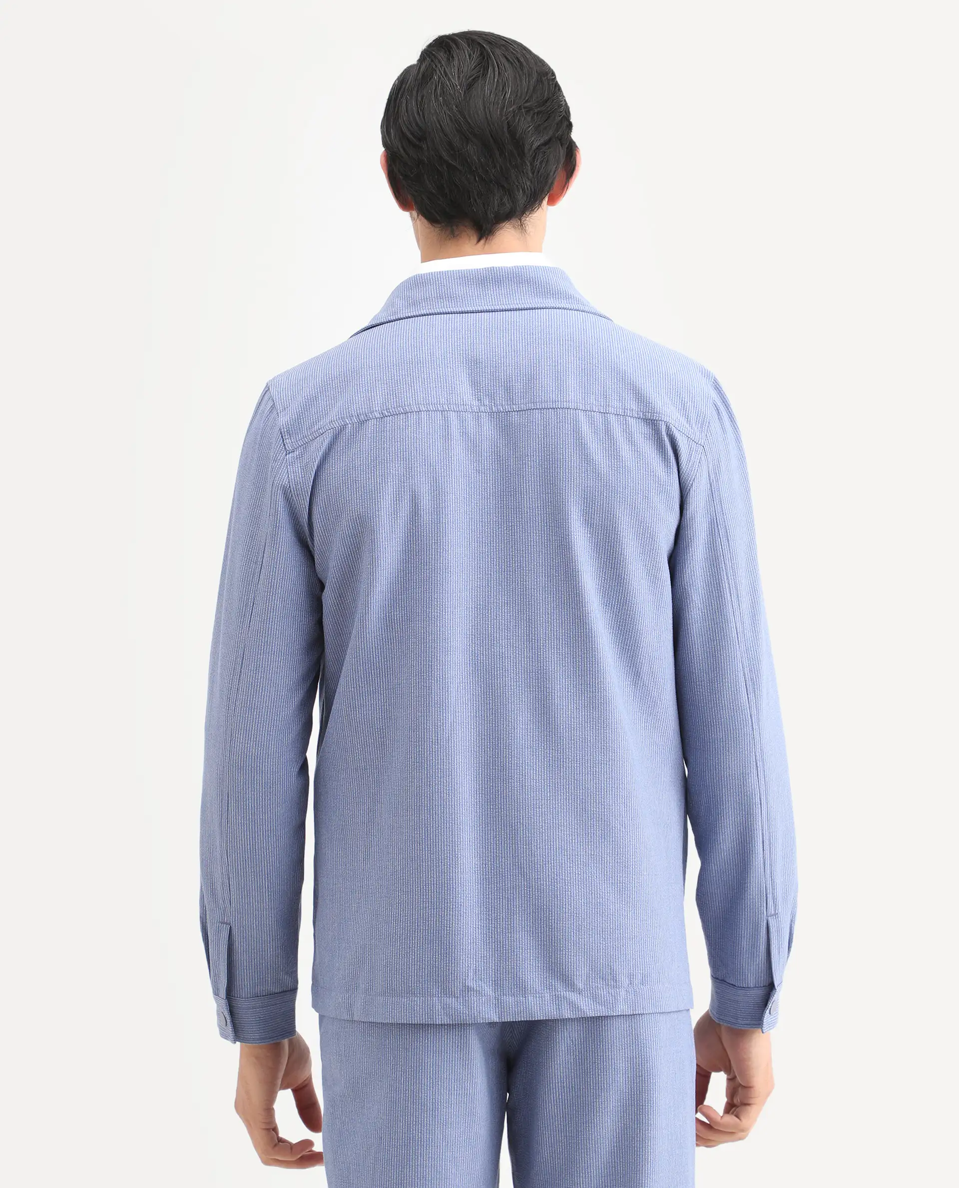 Rare Rabbit Men's Horns Blue Polyester Blend Striped Print Relaxed Fit Full Sleeve Collared Shacket - Image 8