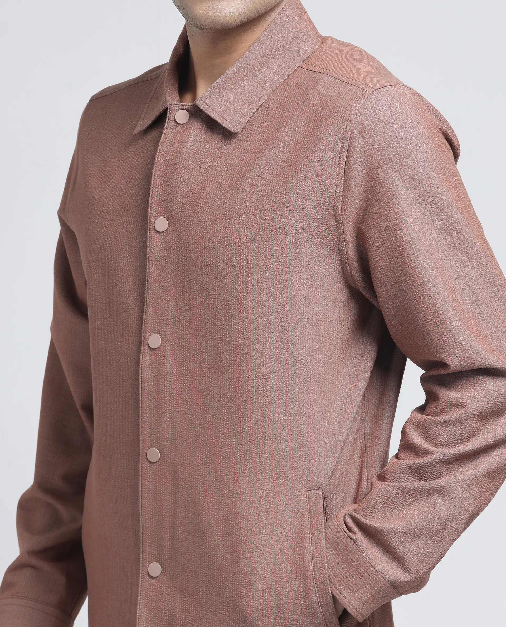 Rare Rabbit Men's Horns Rust Polyester Blend Striped Print Relaxed Fit Full Sleeve Collared Shacket - Image 3