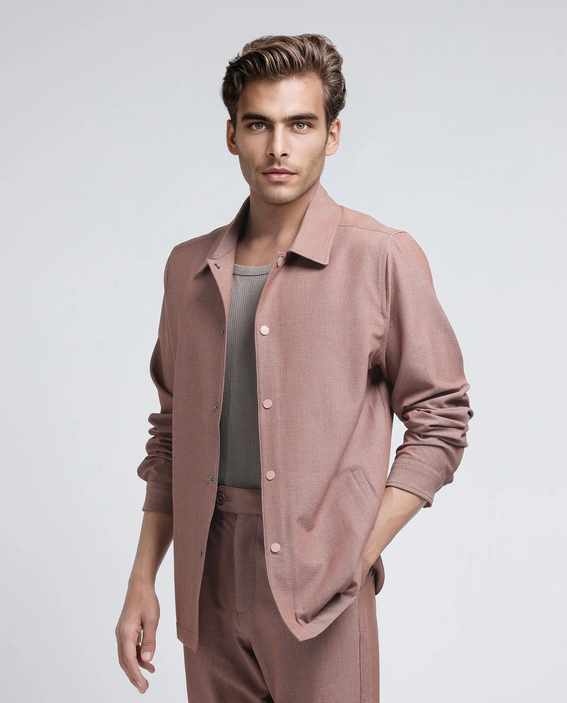 Rare Rabbit Men's Horns Rust Polyester Blend Striped Print Relaxed Fit Full Sleeve Collared Shacket - Image 5