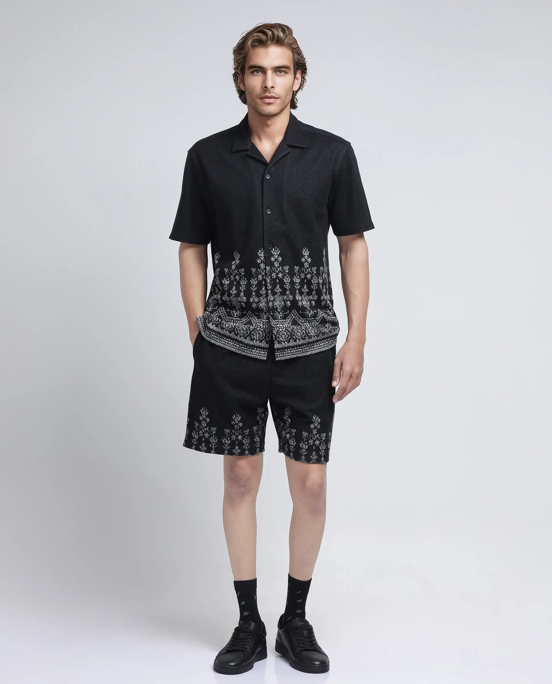 Rare Rabbit Men's Horo Black Cotton Blend Jacquard Relaxed Fit Half Sleeve Cuban Collar Shirt - Image 2