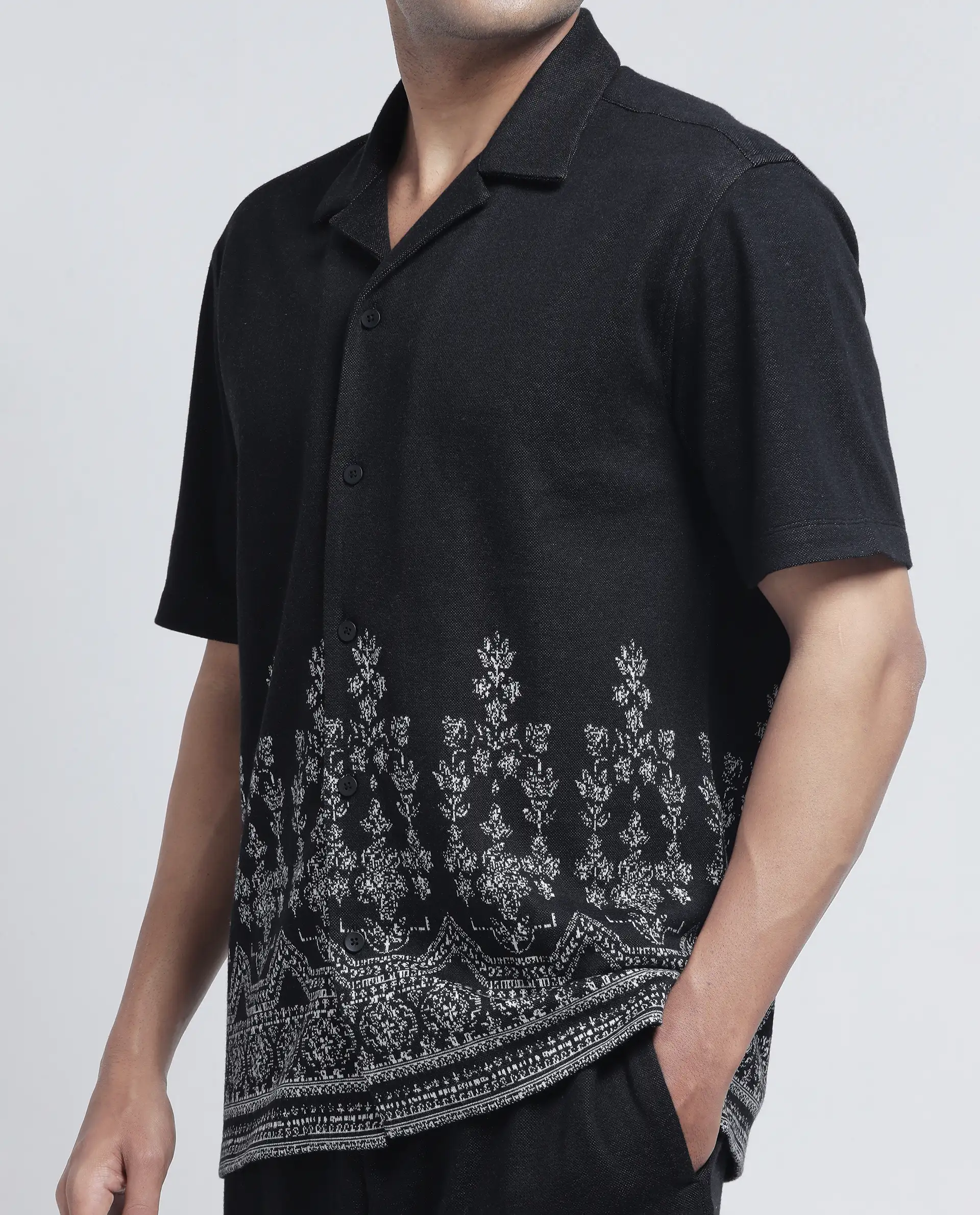 Rare Rabbit Men's Horo Black Cotton Blend Jacquard Relaxed Fit Half Sleeve Cuban Collar Shirt - Image 3