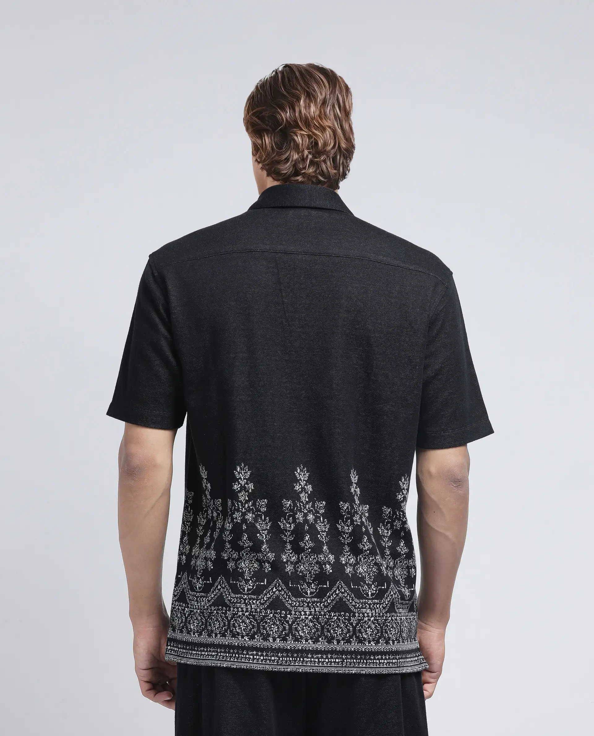 Rare Rabbit Men's Horo Black Cotton Blend Jacquard Relaxed Fit Half Sleeve Cuban Collar Shirt - Image 4