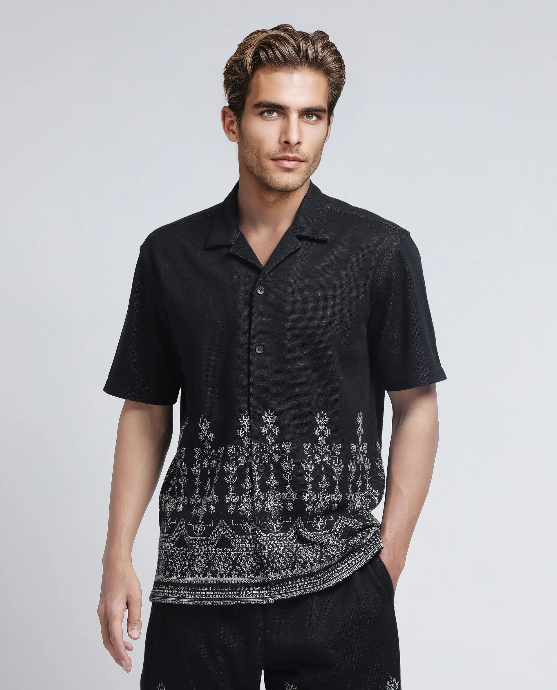 Rare Rabbit Men's Horo Black Cotton Blend Jacquard Relaxed Fit Half Sleeve Cuban Collar Shirt - Image 5
