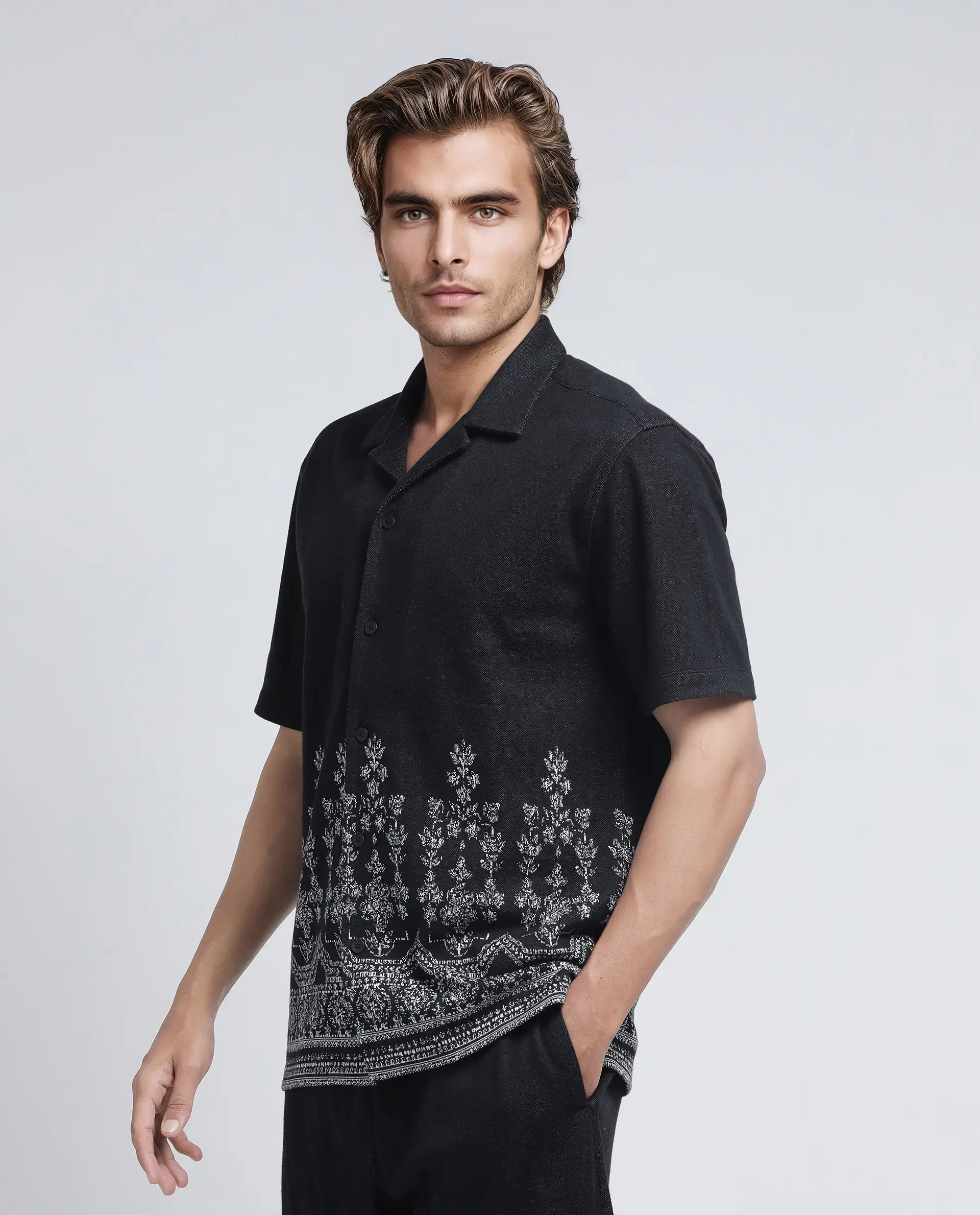 Rare Rabbit Men's Horo Black Cotton Blend Jacquard Relaxed Fit Half Sleeve Cuban Collar Shirt - Image 6