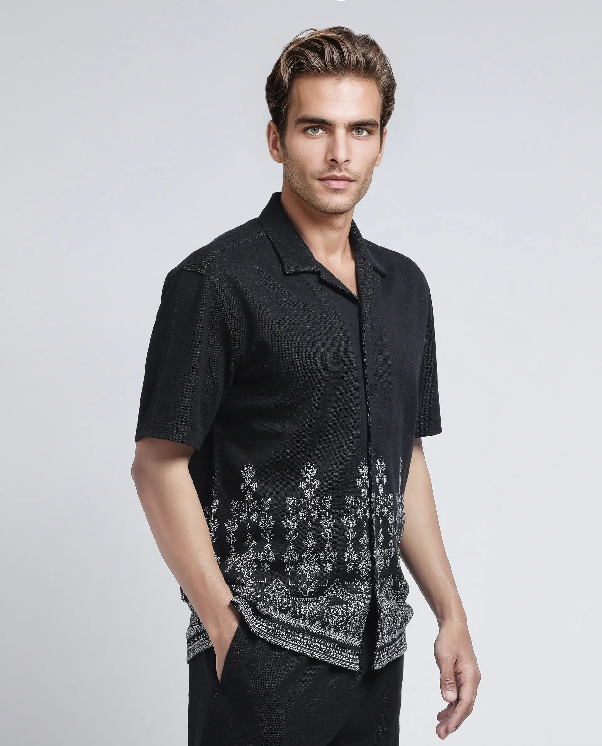 Rare Rabbit Men's Horo Black Cotton Blend Jacquard Relaxed Fit Half Sleeve Cuban Collar Shirt - Image 7