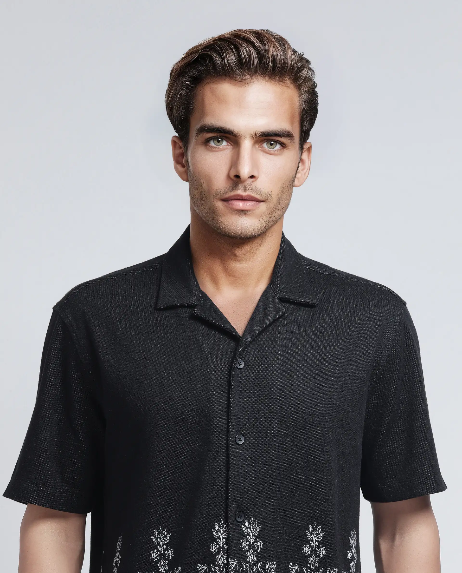 Rare Rabbit Men's Horo Black Cotton Blend Jacquard Relaxed Fit Half Sleeve Cuban Collar Shirt - Image 8