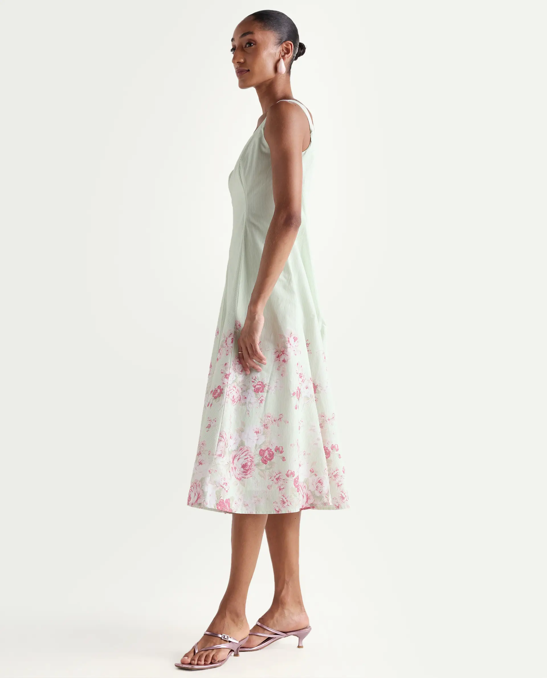 Rareism Women's Horo Light Green Cotton Scoop Neck Fit And Flare Floral Print Dress - Image 5