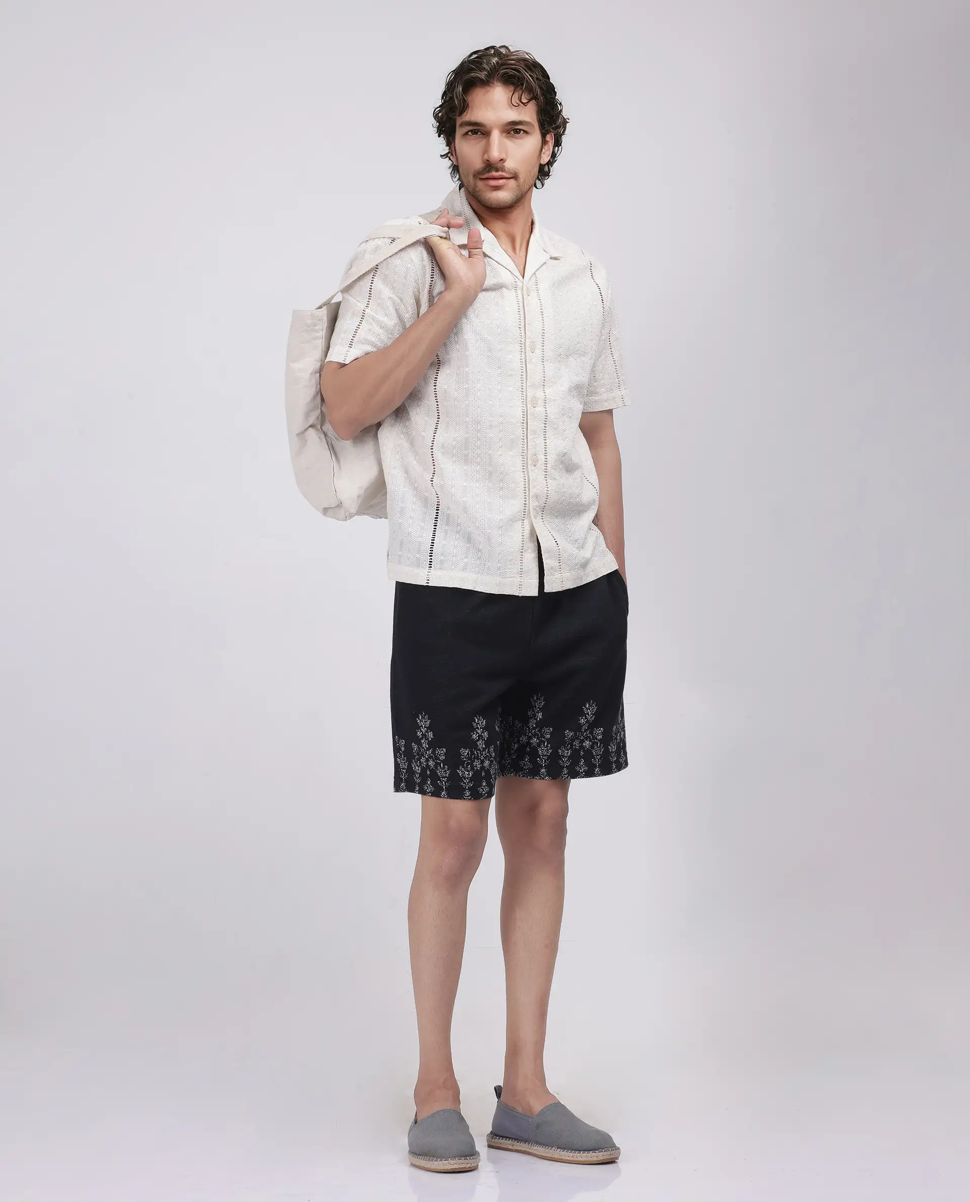 Rare Rabbit Men's Horob Black Cotton Blend Jacquard Regular Fit Shorts - Image 2