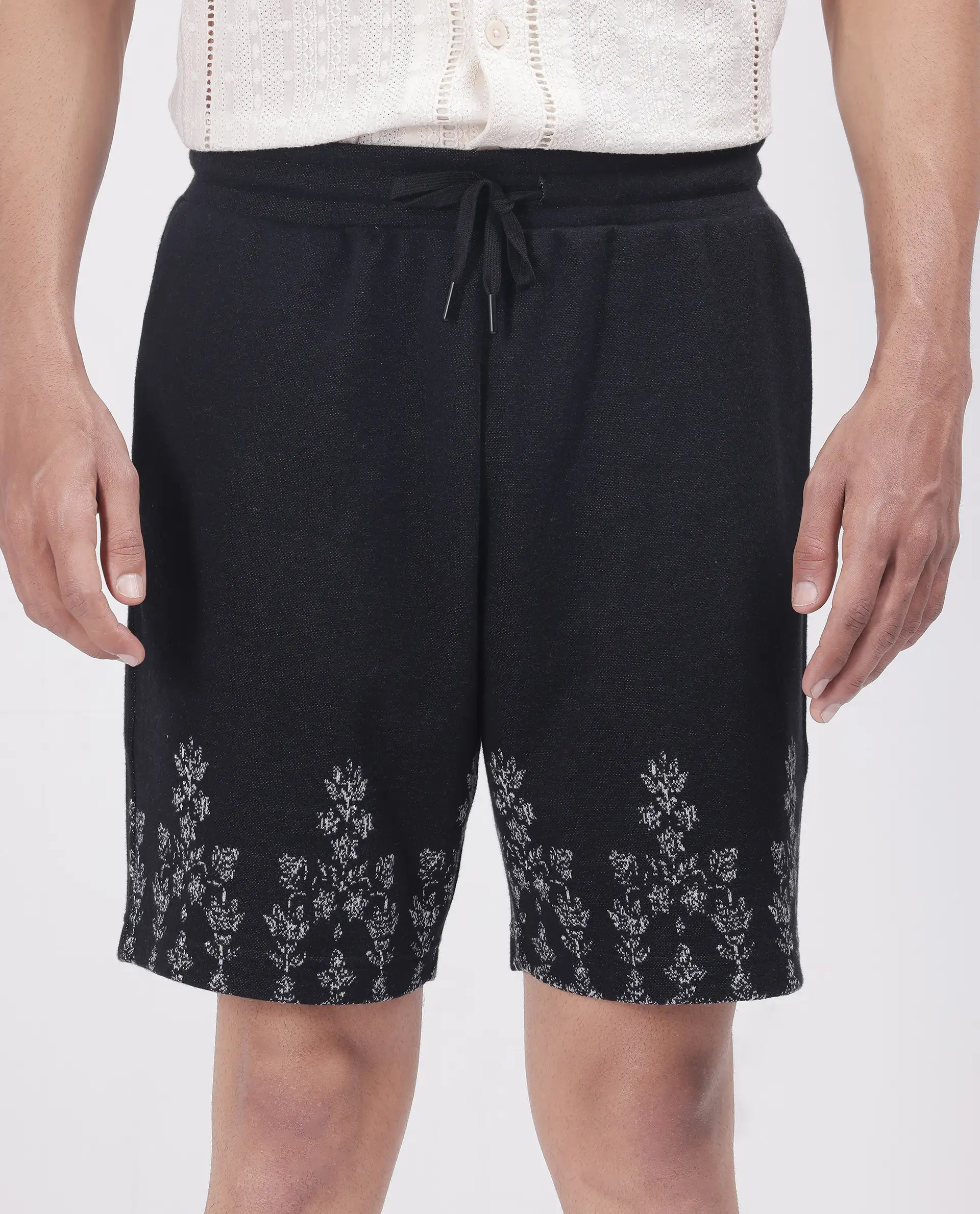 Rare Rabbit Men's Horob Black Cotton Blend Jacquard Regular Fit Shorts - Image 3