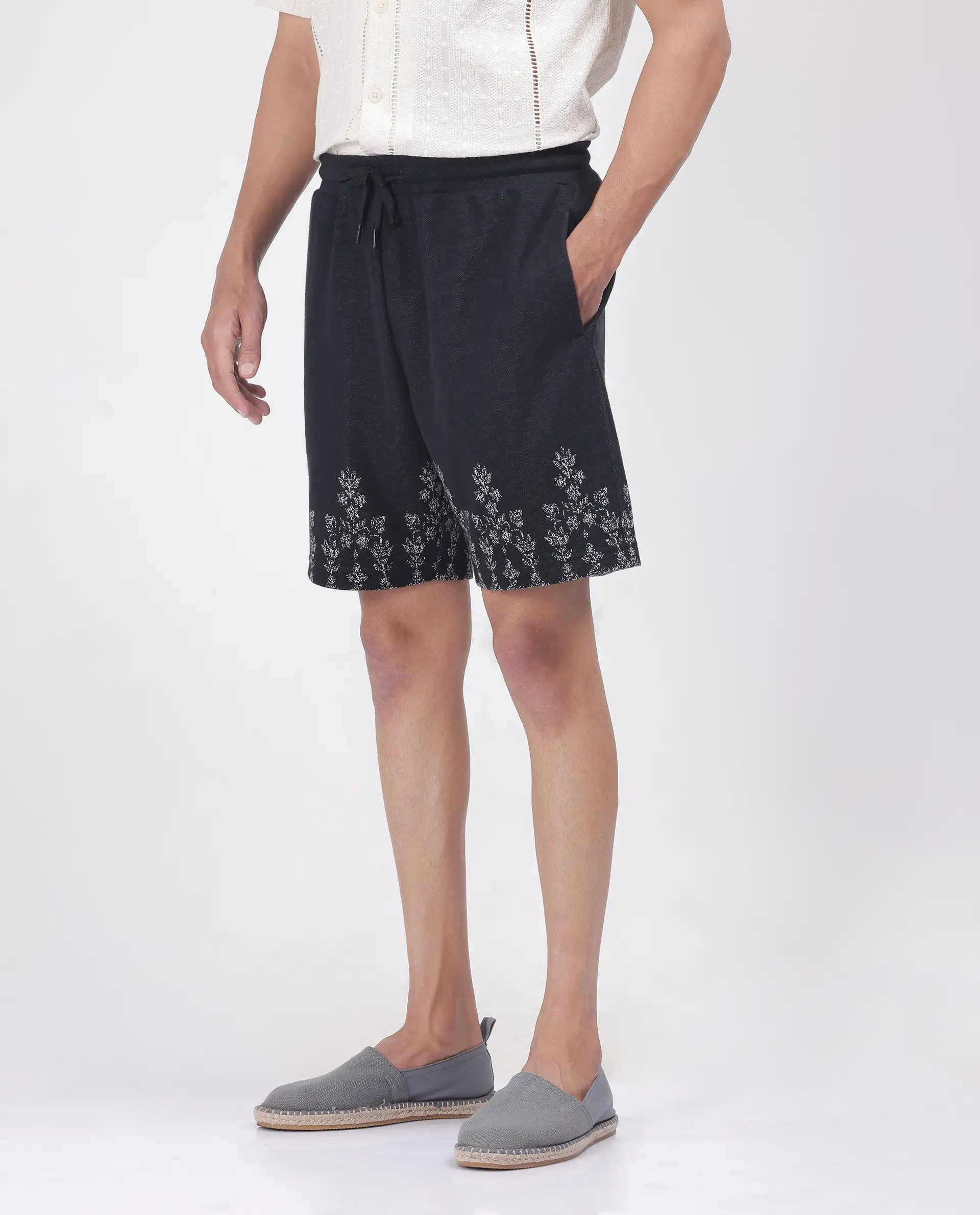 Rare Rabbit Men's Horob Black Cotton Blend Jacquard Regular Fit Shorts - Image 4