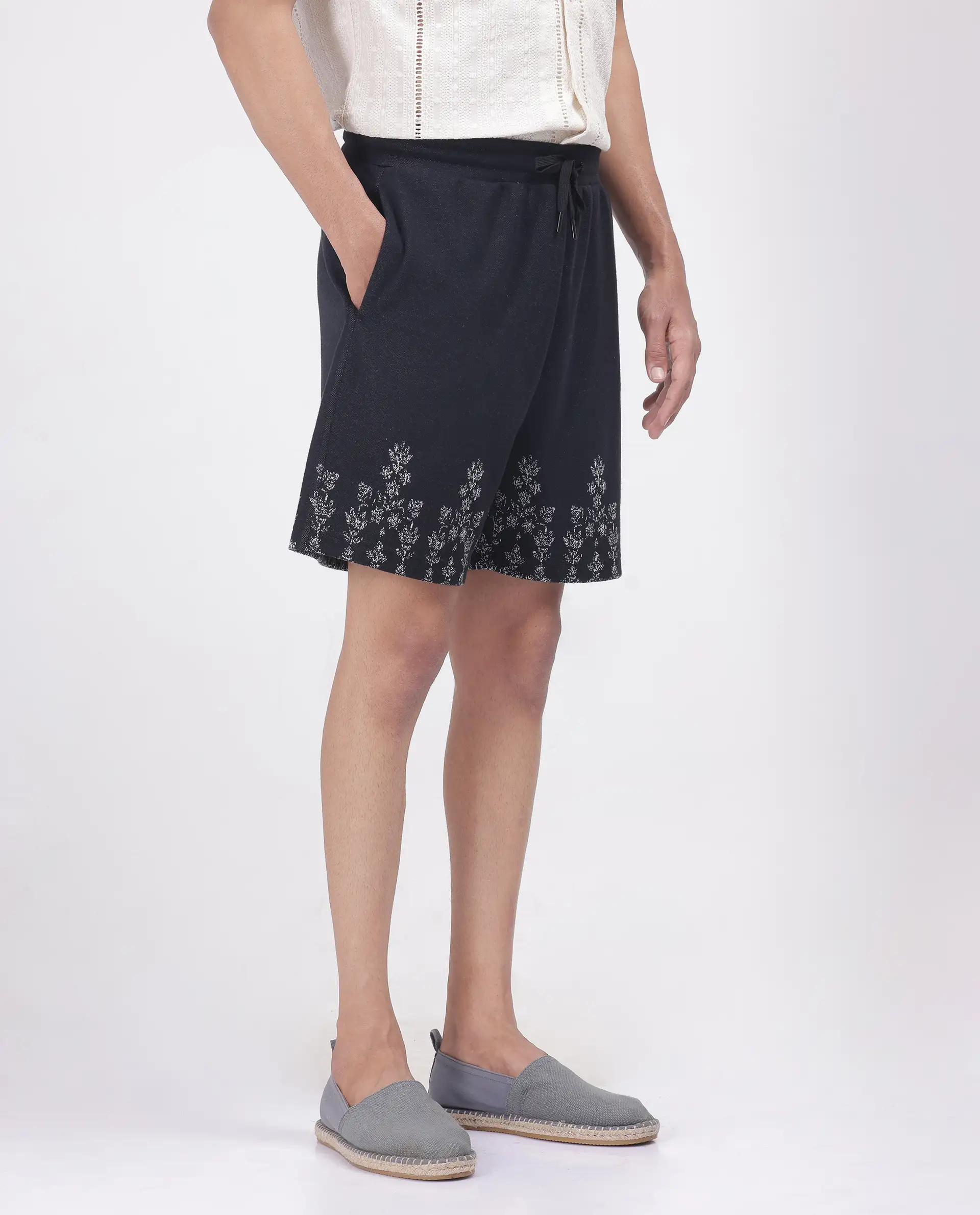 Rare Rabbit Men's Horob Black Cotton Blend Jacquard Regular Fit Shorts - Image 5