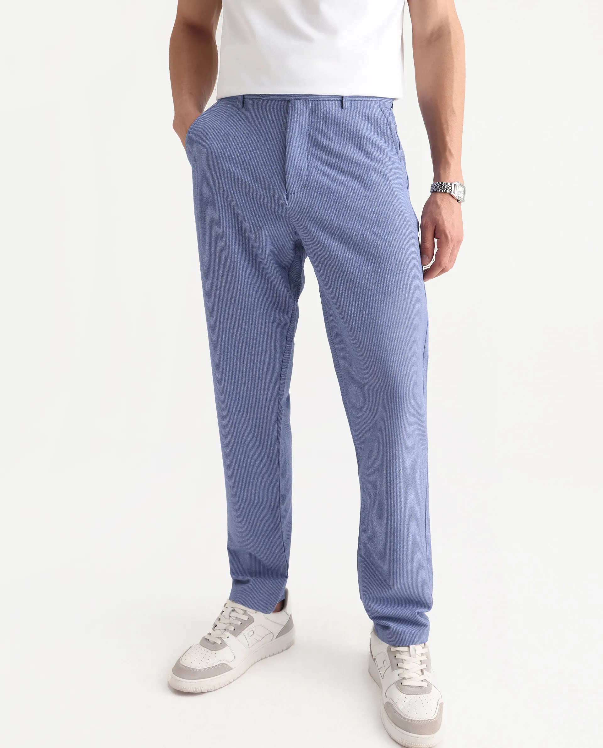 Rare Rabbit Men's Horon Blue Polyester Blend Plain Baggy Fit Trouser - Image 2