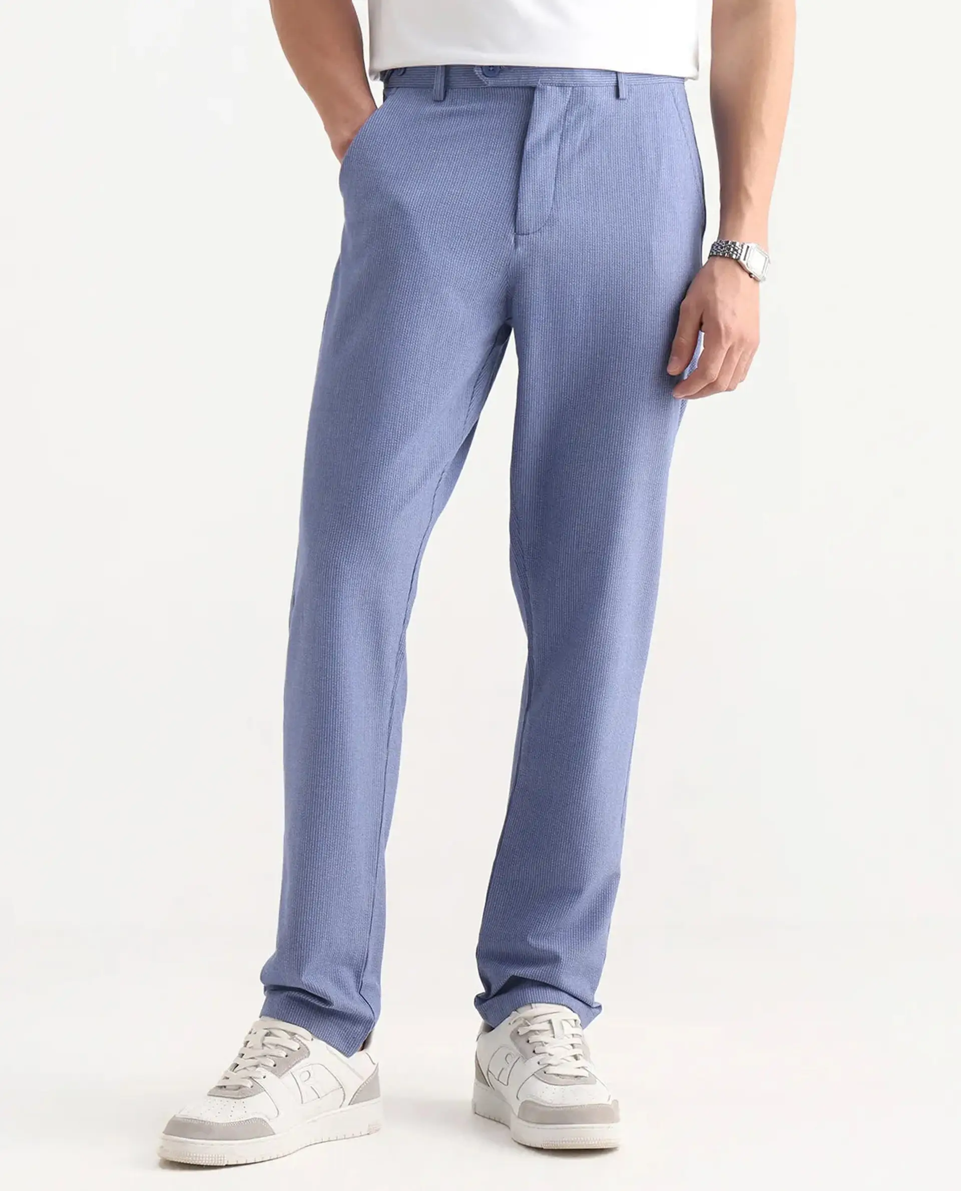 Rare Rabbit Men's Horon Blue Polyester Blend Plain Baggy Fit Trouser - Image 8