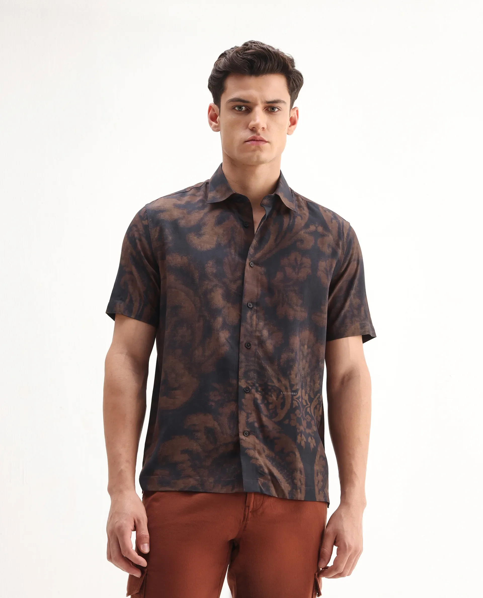 Rare Rabbit Men's Horos Black Linen Blend Floral Print Regular Fit Half Sleeve Collared Shirt - Image 4