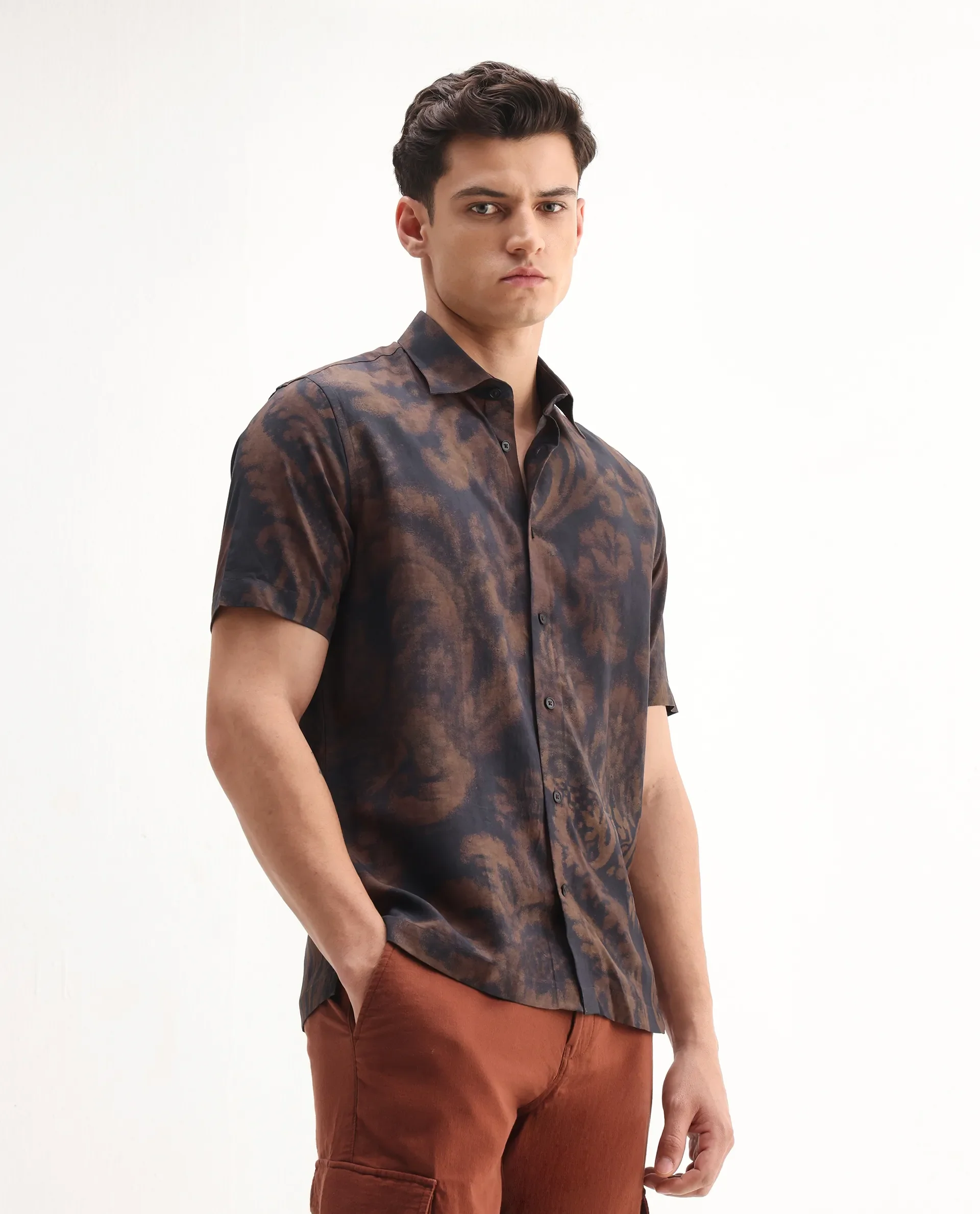 Rare Rabbit Men's Horos Black Linen Blend Floral Print Regular Fit Half Sleeve Collared Shirt - Image 5